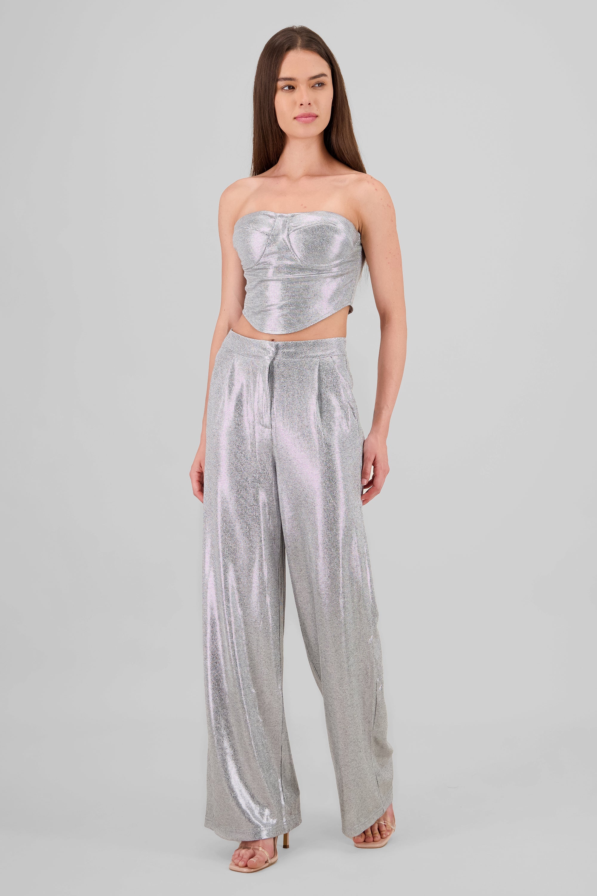 Pantalon wide leg fluido brillos PLATA