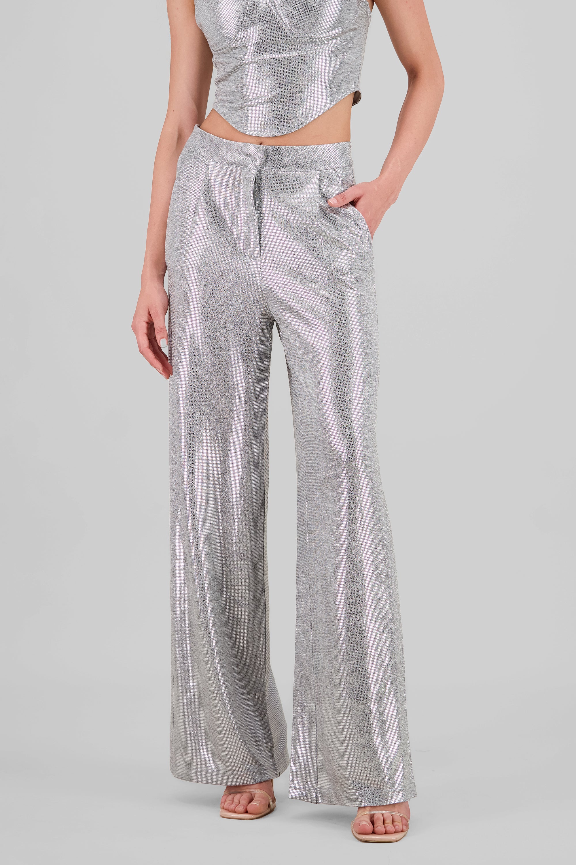 Pantalon wide leg fluido brillos PLATA