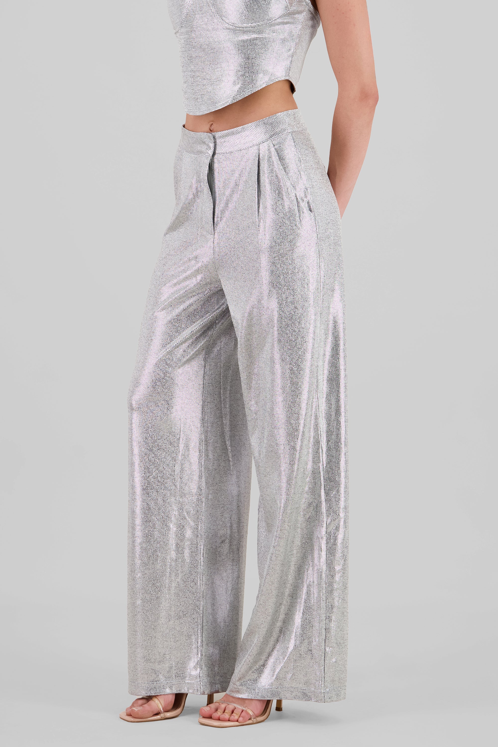 Pantalon wide leg fluido brillos PLATA