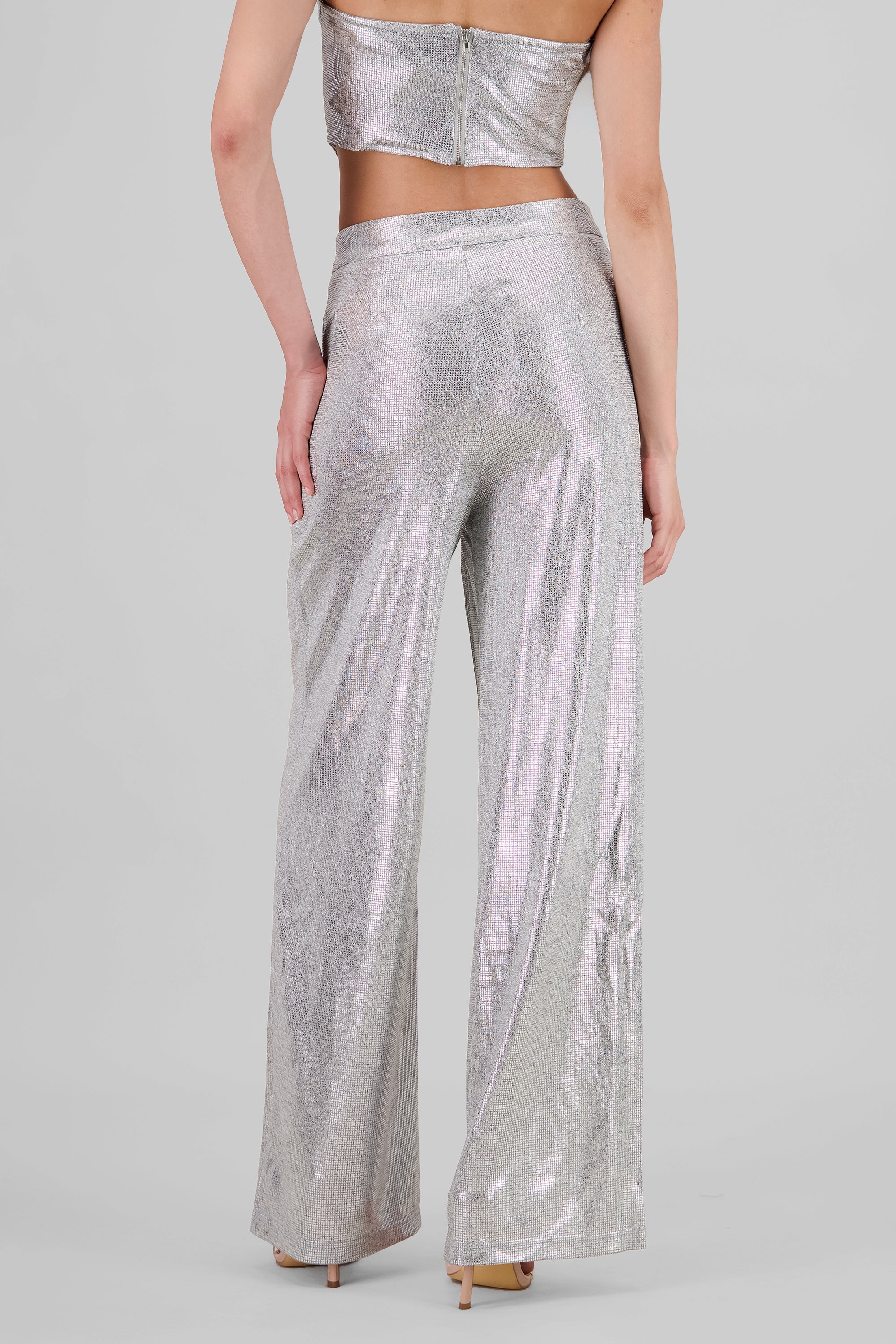 Pantalon wide leg fluido brillos PLATA