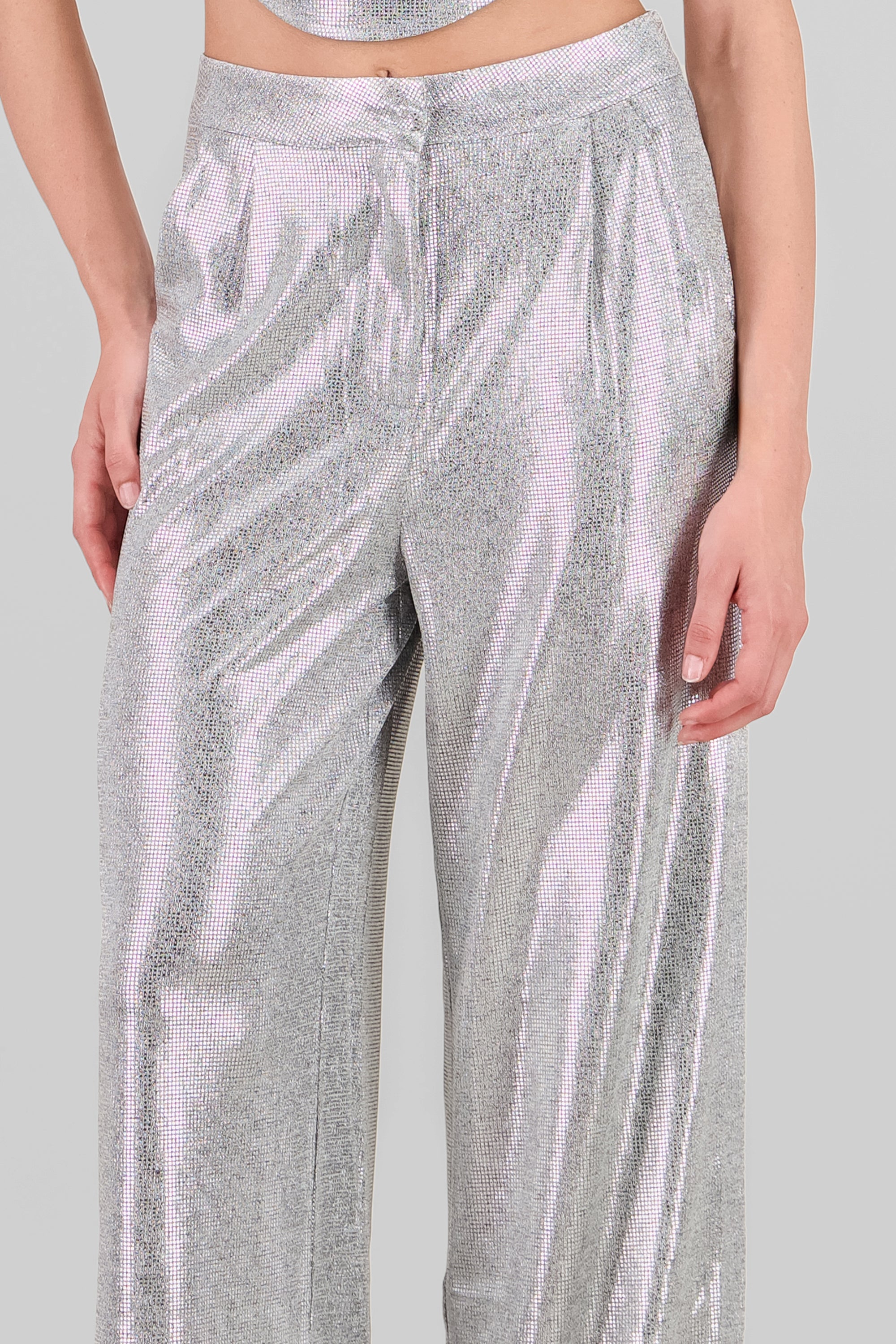 Pantalon wide leg fluido brillos PLATA