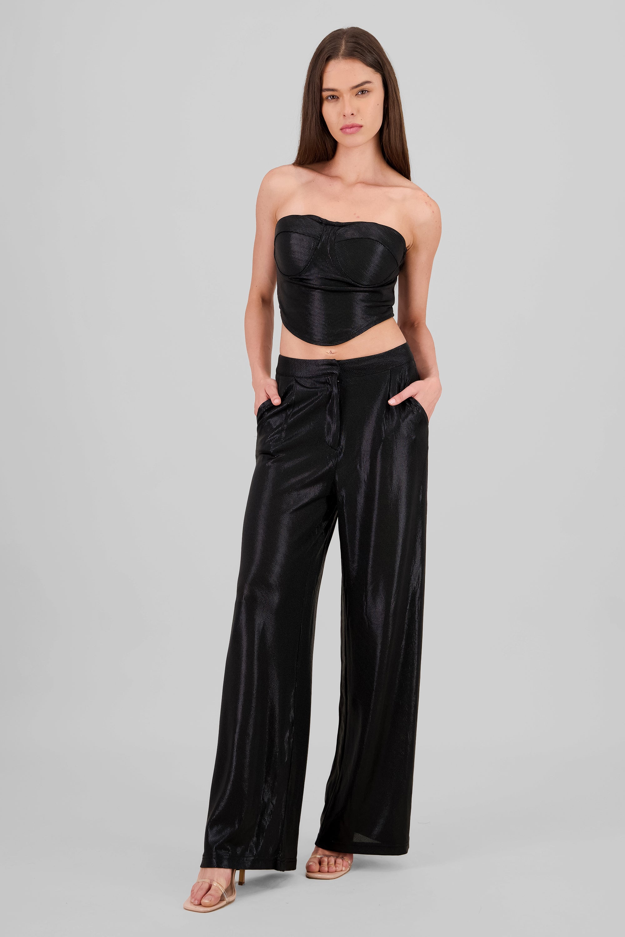 Pantalon wide leg fluido brillos NEGRO