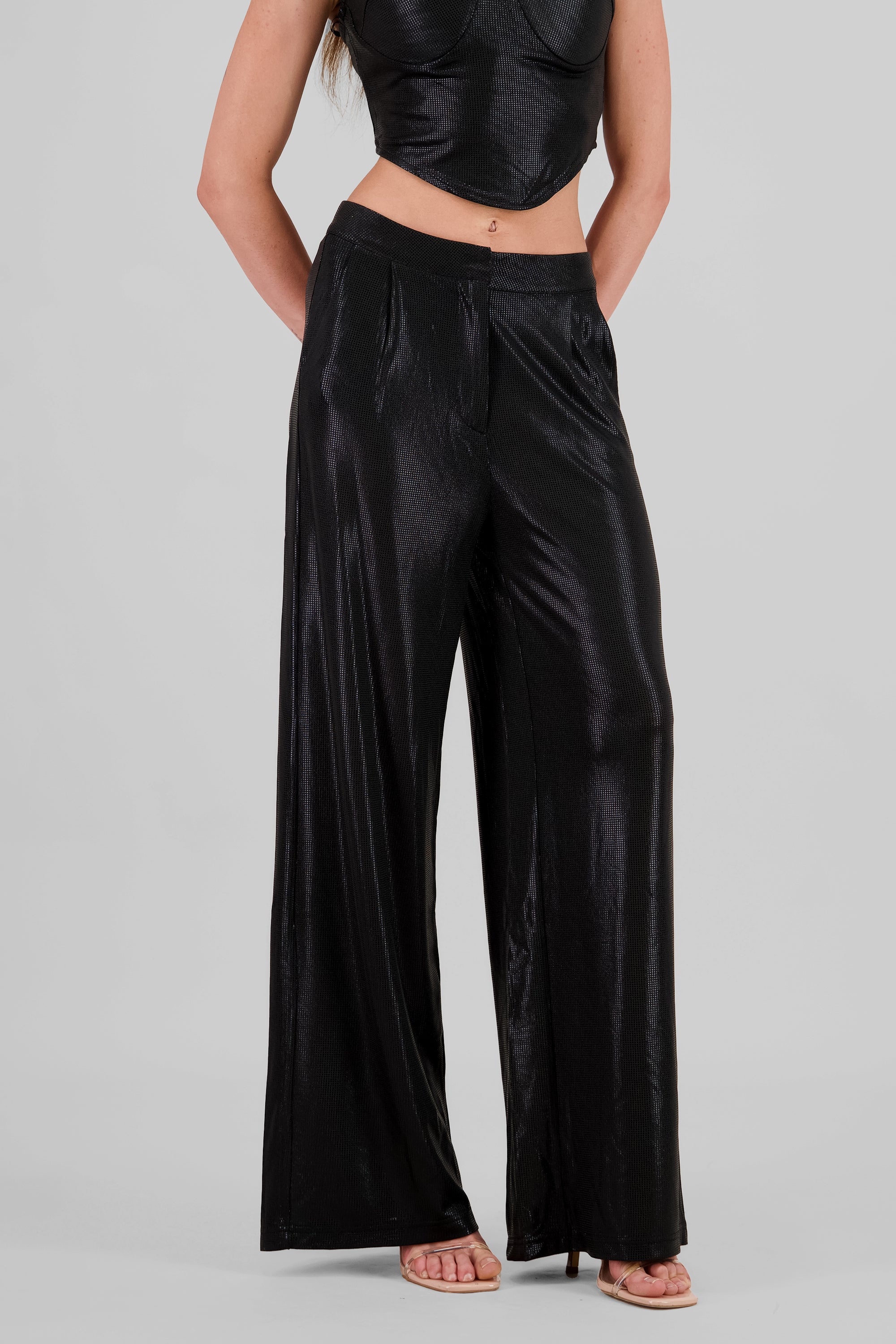 Pantalon wide leg fluido brillos NEGRO