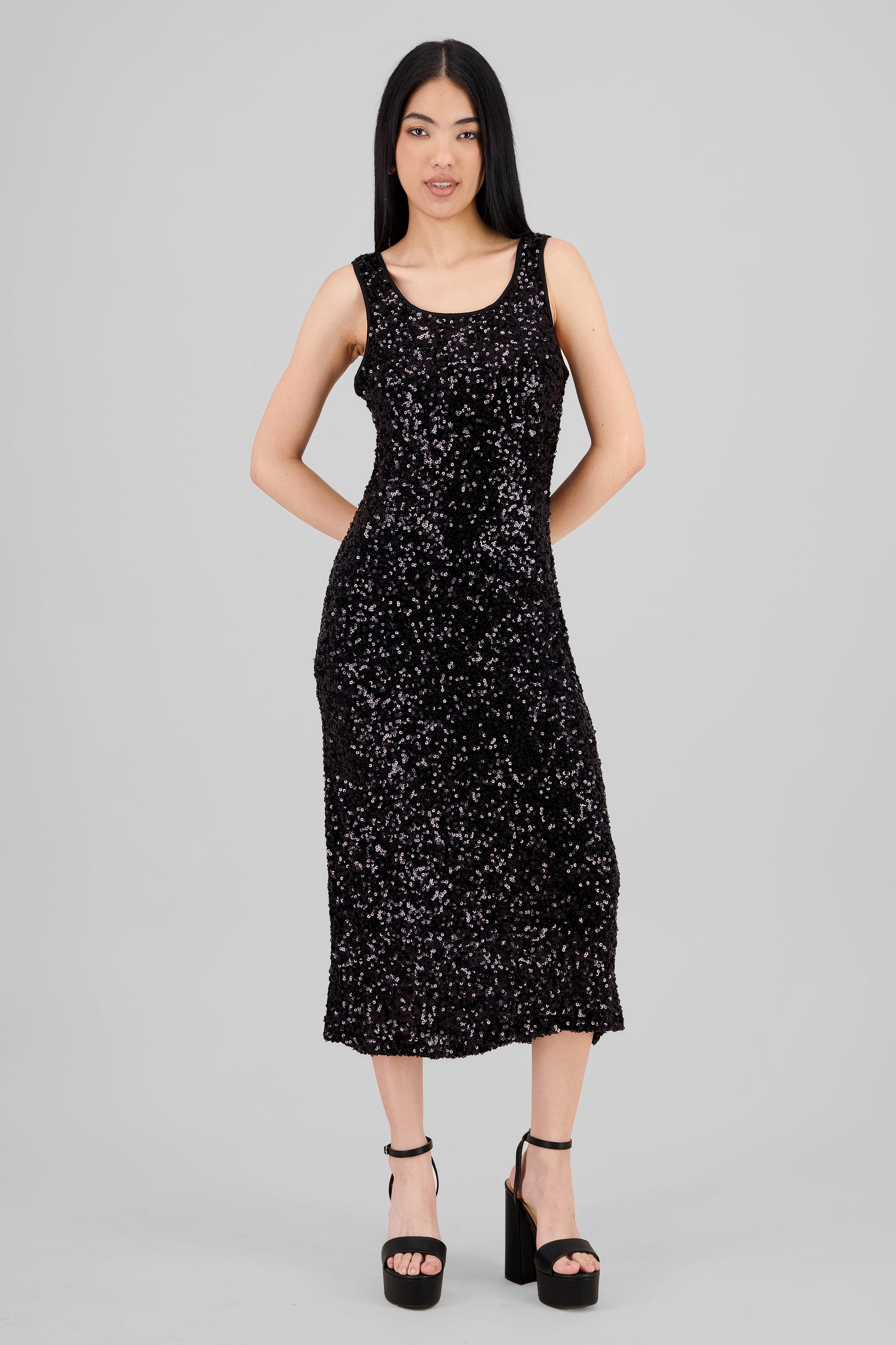 Vestido maxi lentejuelas tirantes NEGRO