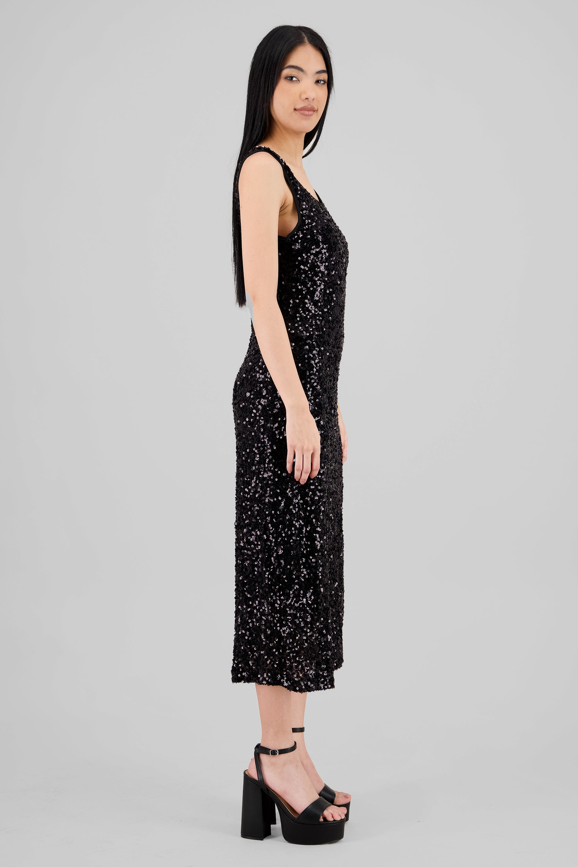 Vestido maxi lentejuelas tirantes NEGRO