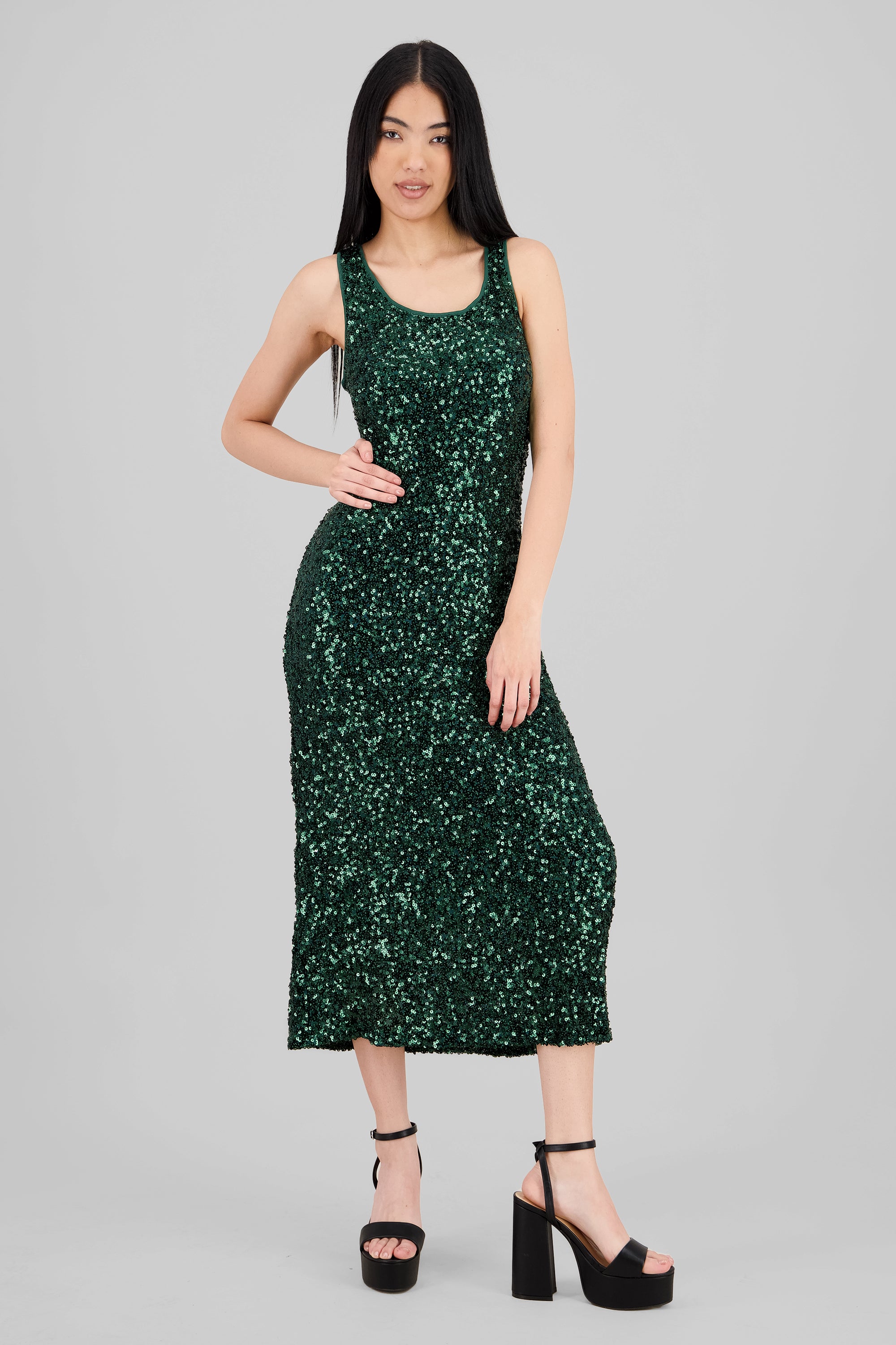 Vestido maxi lentejuelas tirantes VERDE