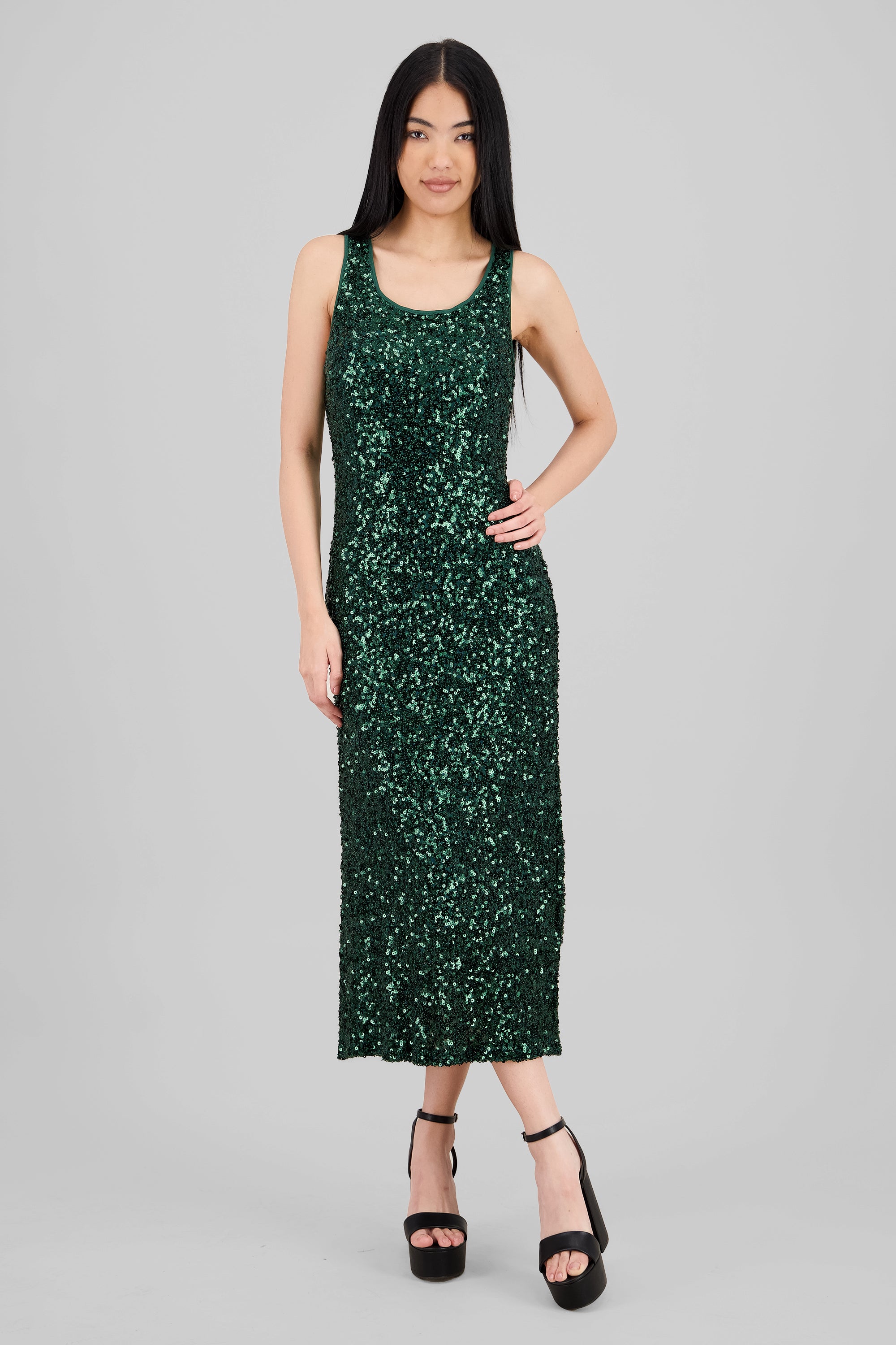 Vestido maxi lentejuelas tirantes VERDE