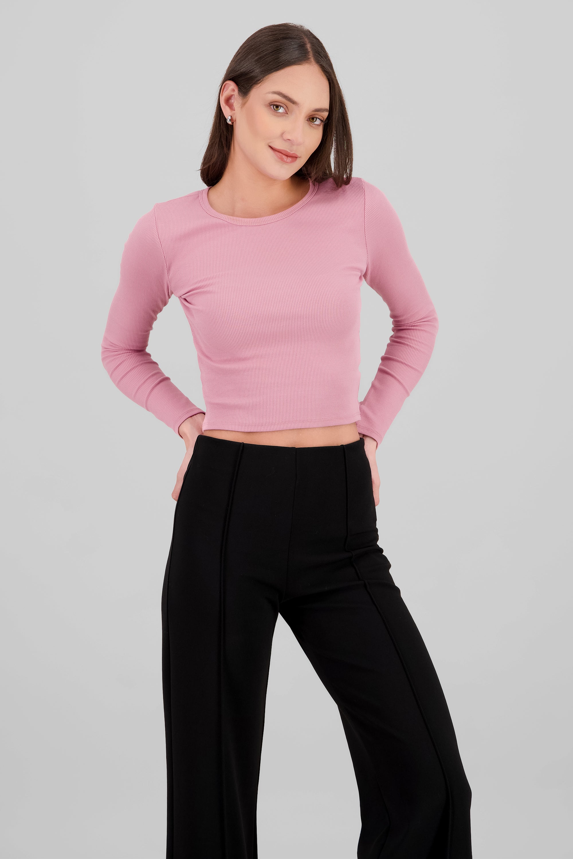 Top manga larga rib liso ROSA