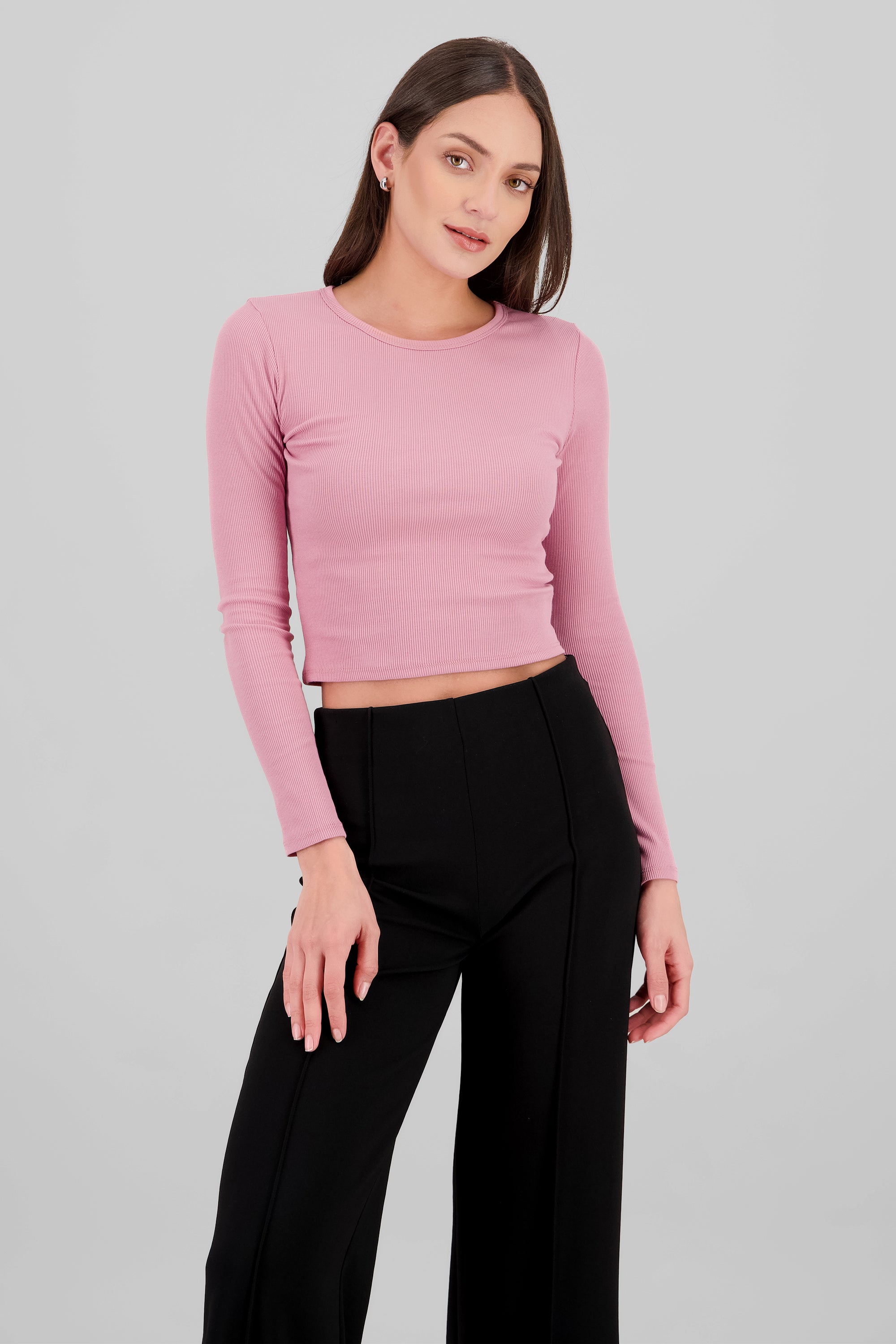 Top manga larga rib liso ROSA