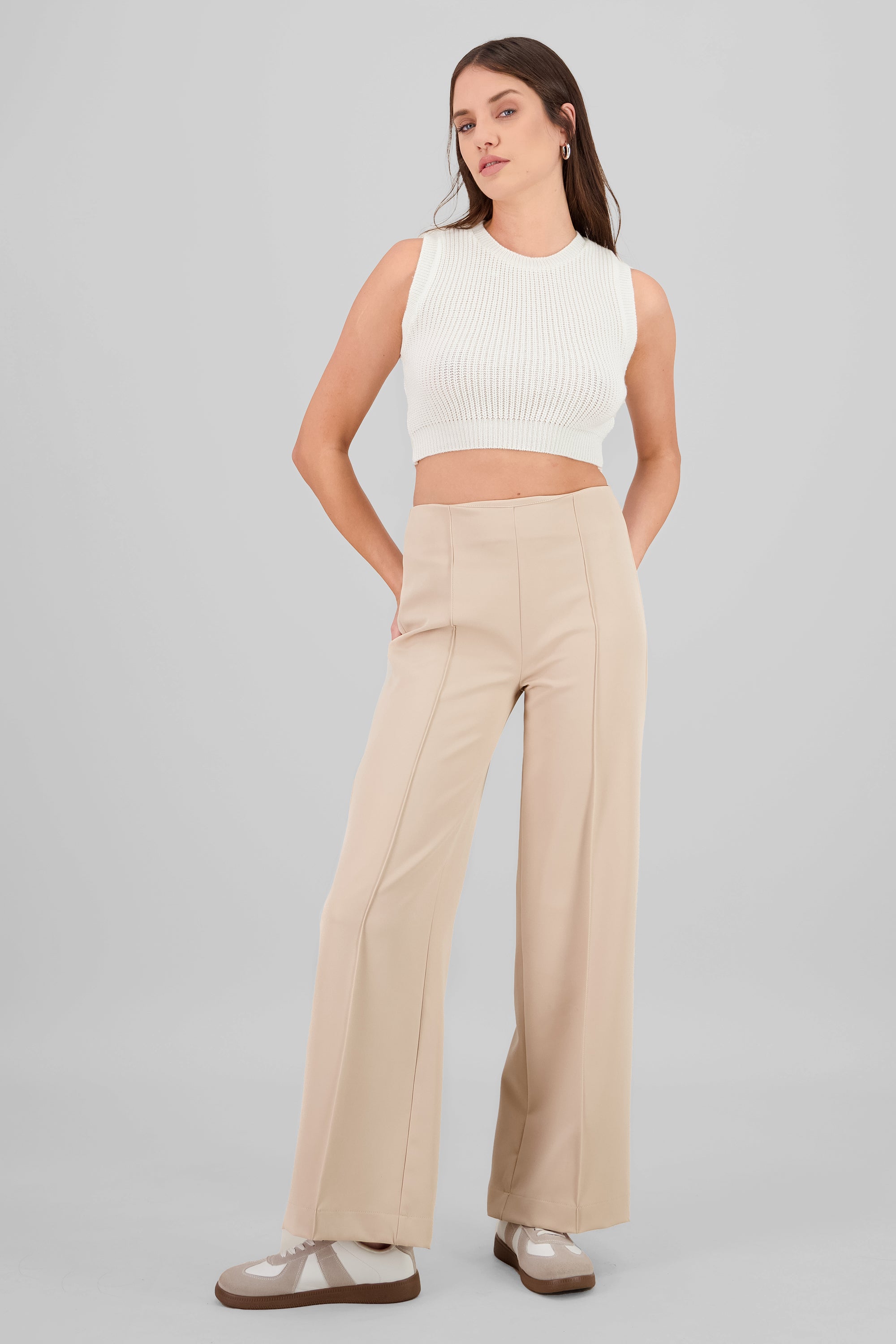 Pantalon wide leg detalle costura BEIGE