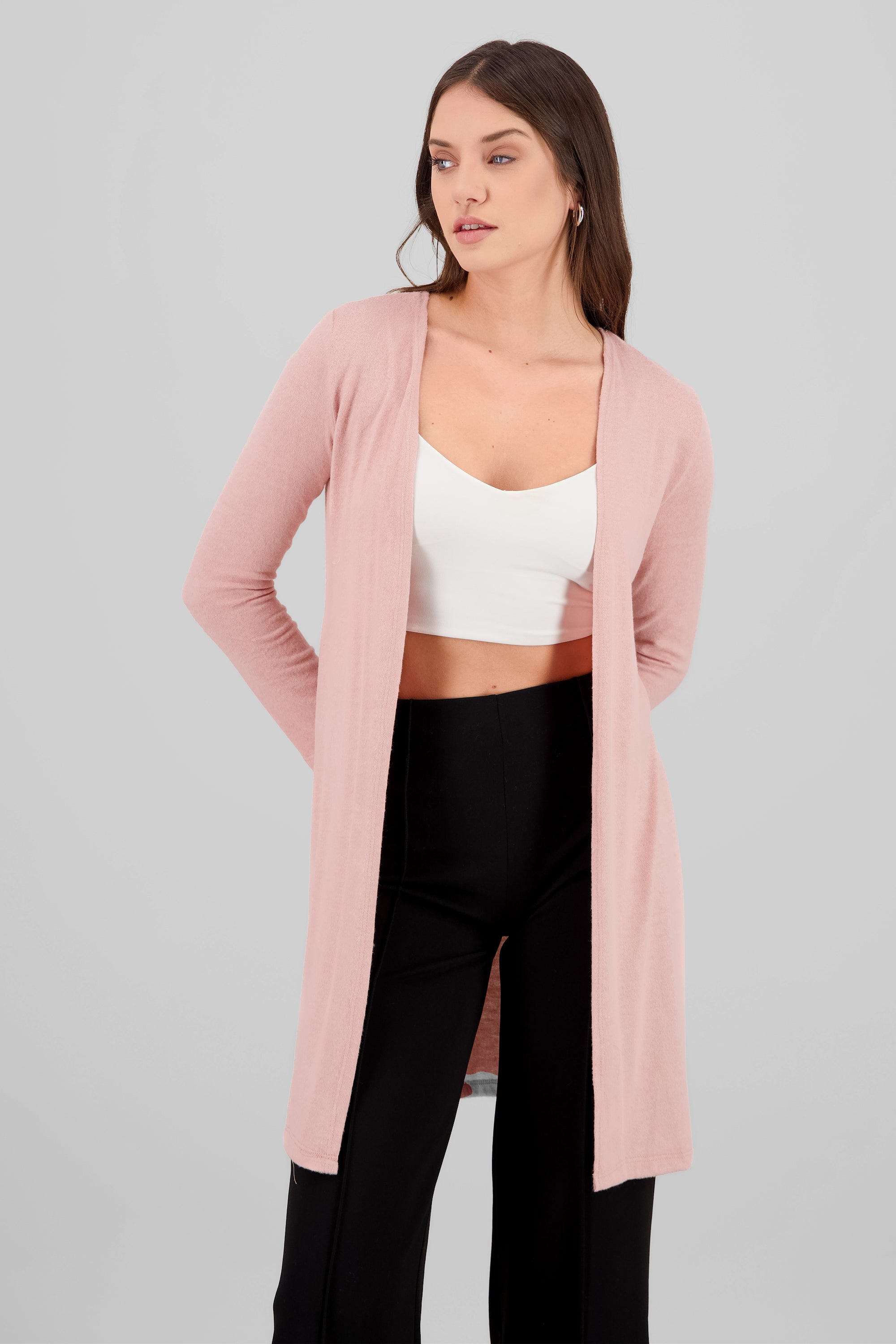 Cardigan largo manga larga tacto suave ROSA PASTEL