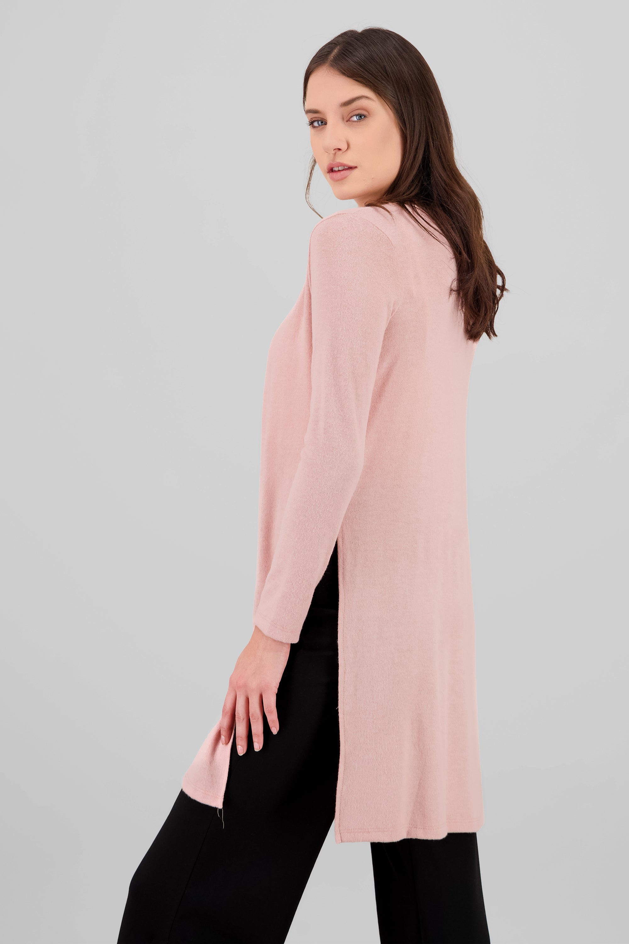 Cardigan largo manga larga tacto suave ROSA PASTEL