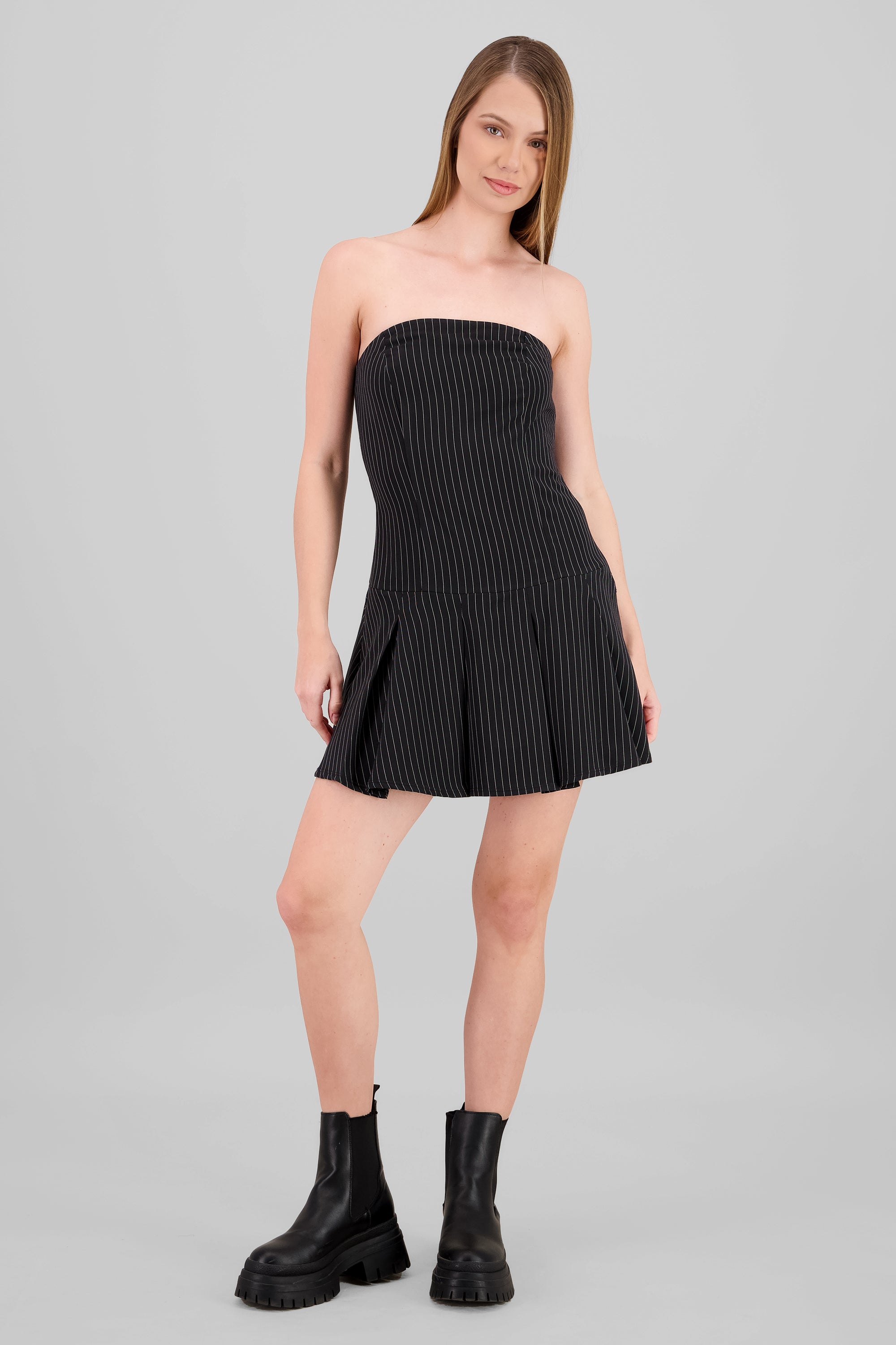 Vestido mini tableado strapless NEGRO COMBO