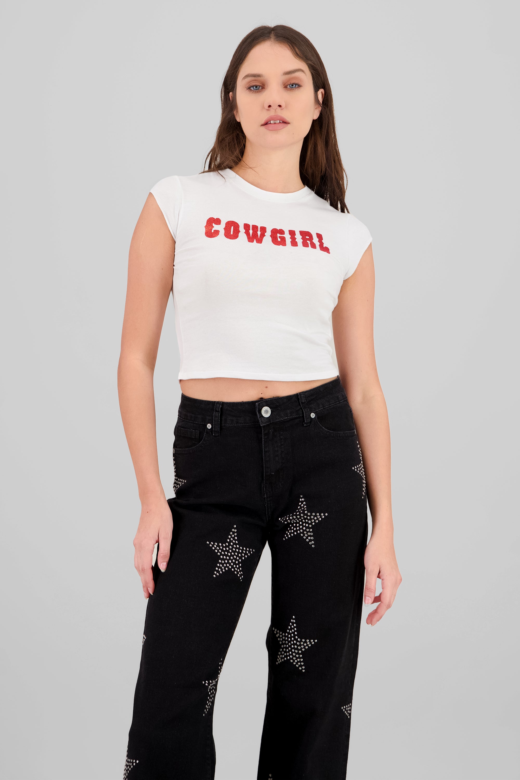 T-shirt de cowgirl con efecto de brillos BLANCO COMBO