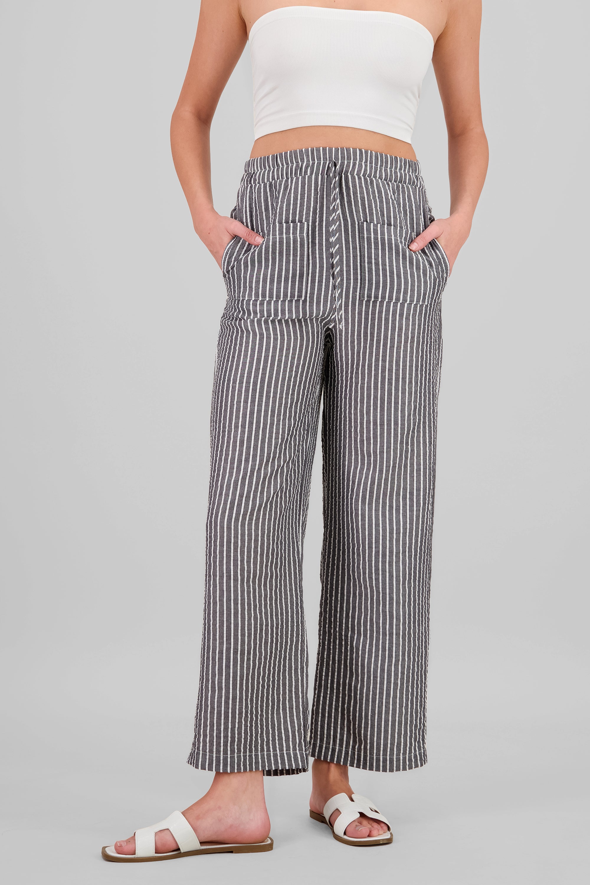 Pantalon recto rayas detalle textura BLANCO COMBO