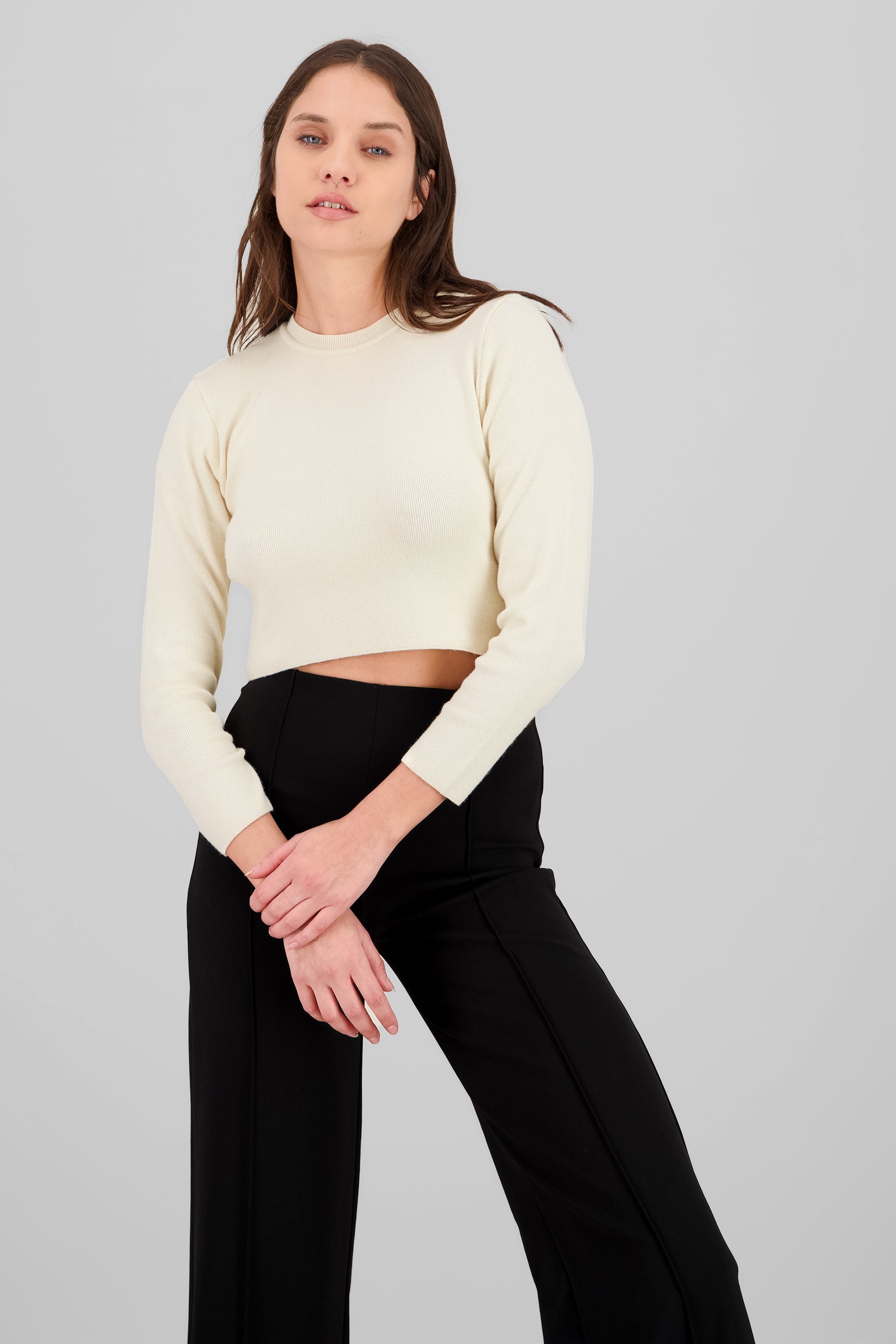 Sueter crop liso manga larga HUESO