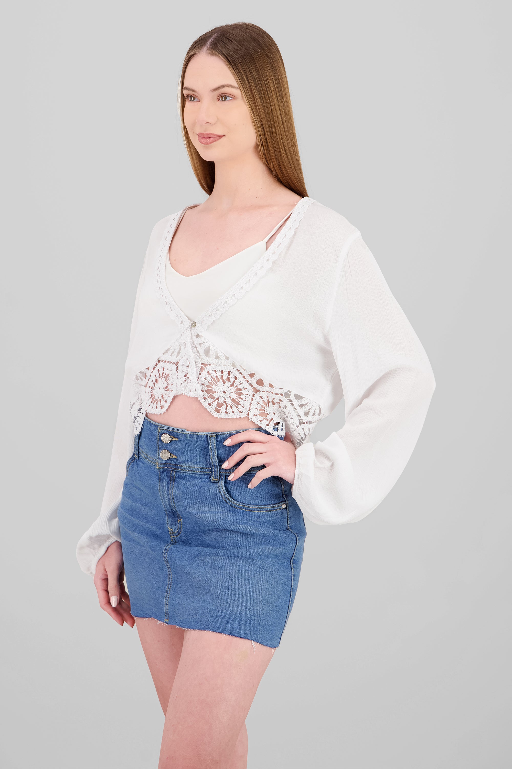 Top manga larga con crochet BLANCO