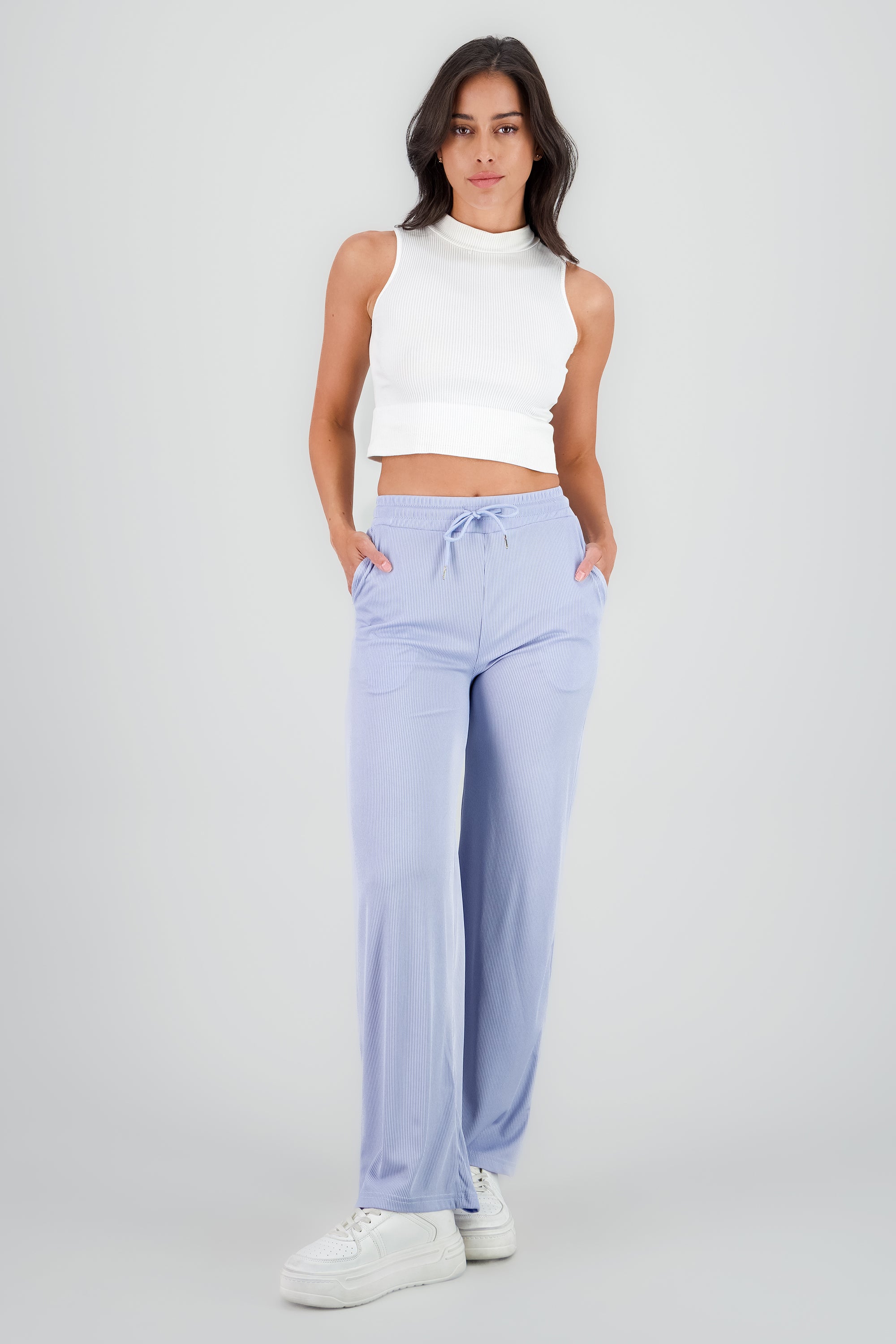 Pantalones de rib wide leg lisos AZUL CIELO