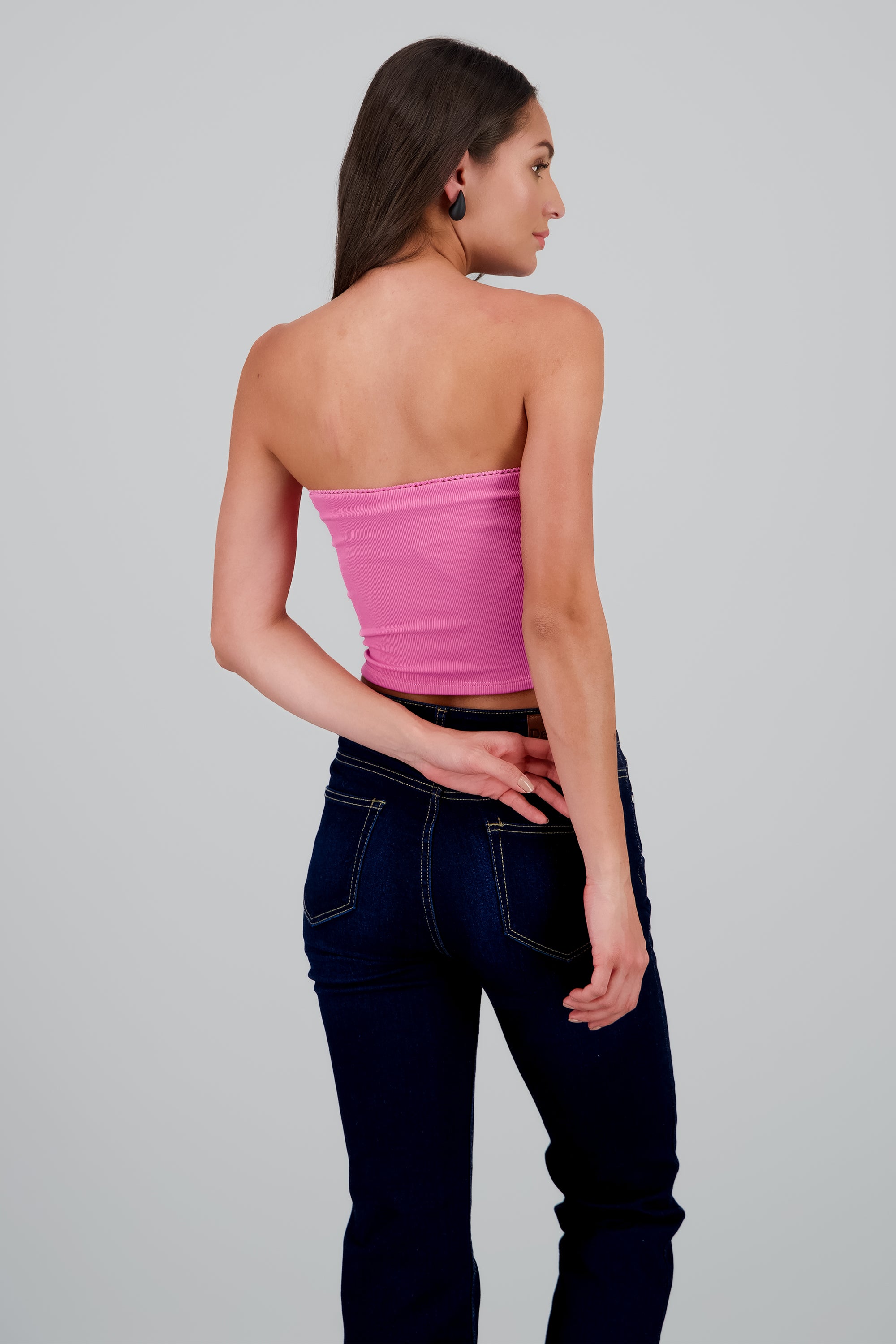 Top rib strapless detalle rosa ROSA