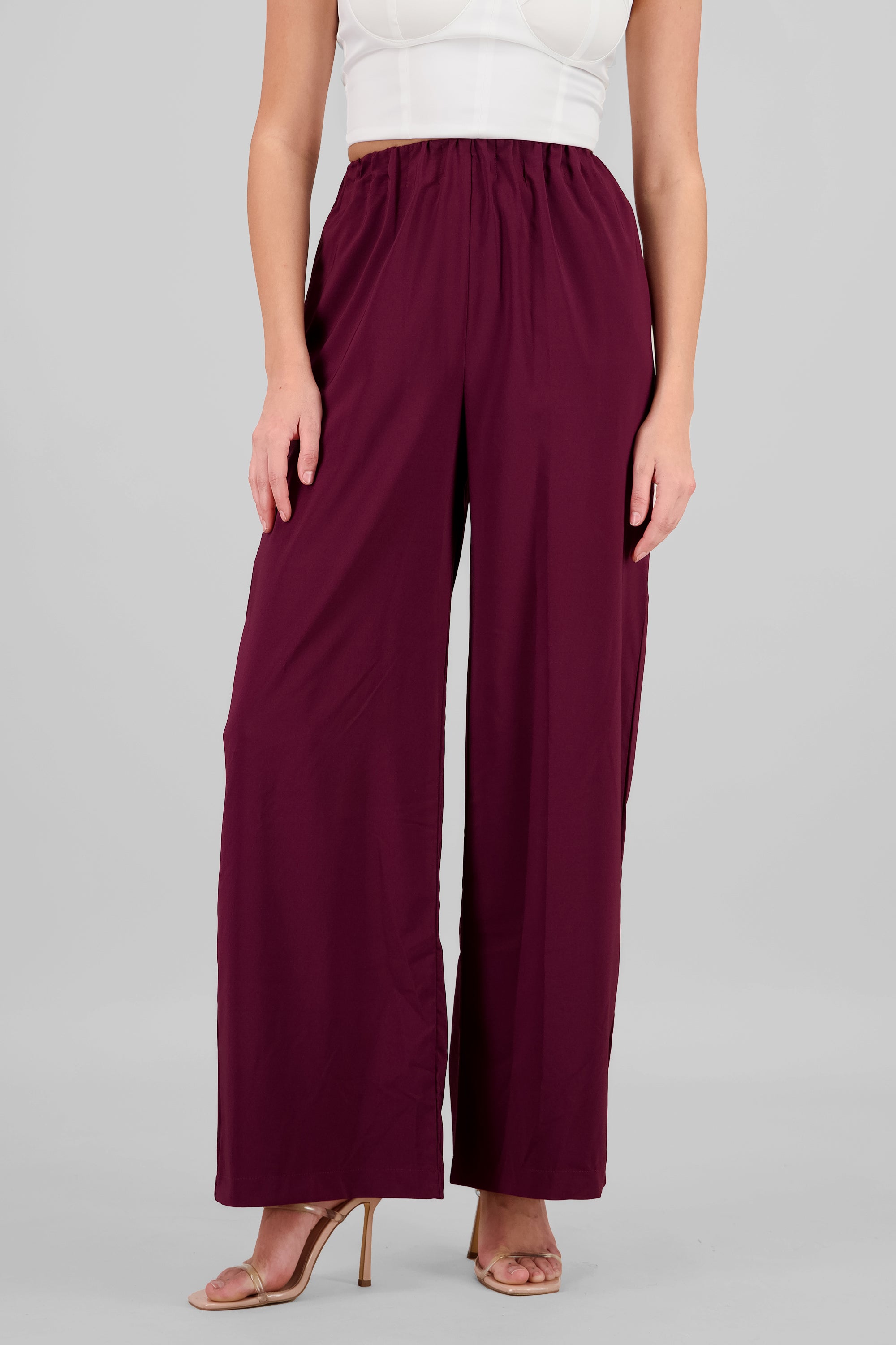 Pantalon amplio liso detalle resorte VINO