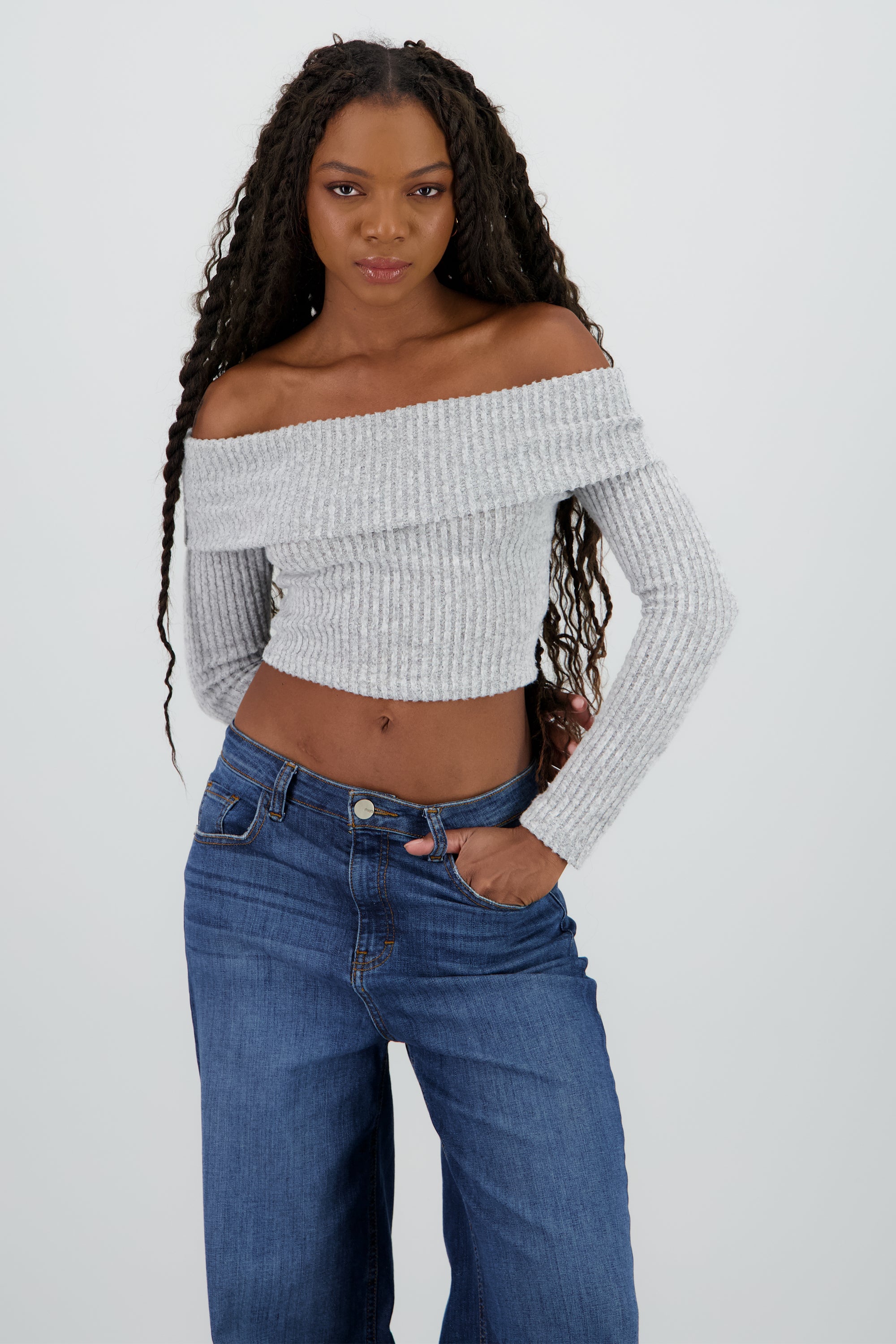 Top off shoulder liso tipo rib GRIS CLARO