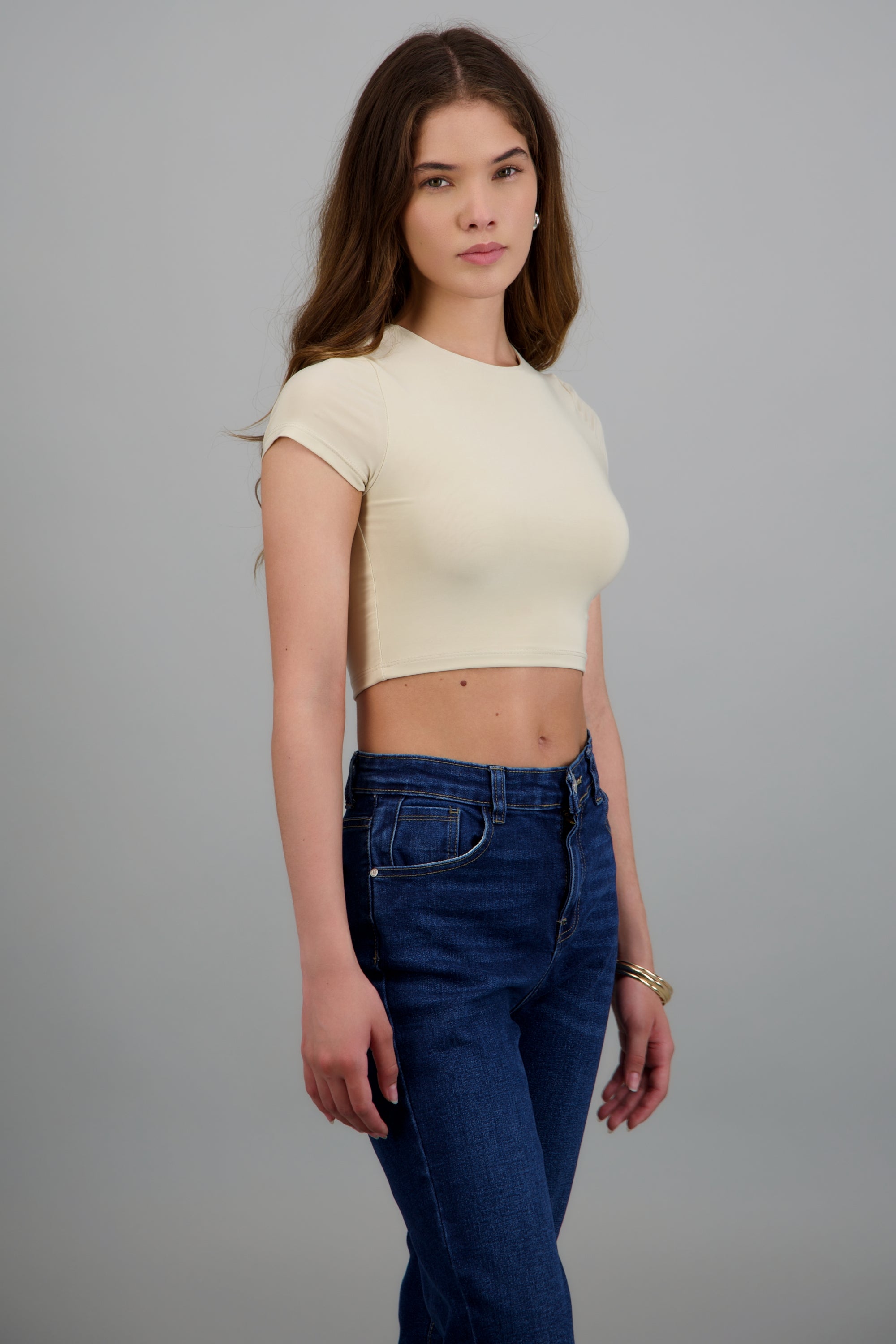 Top crop doble tela manga corta BEIGE