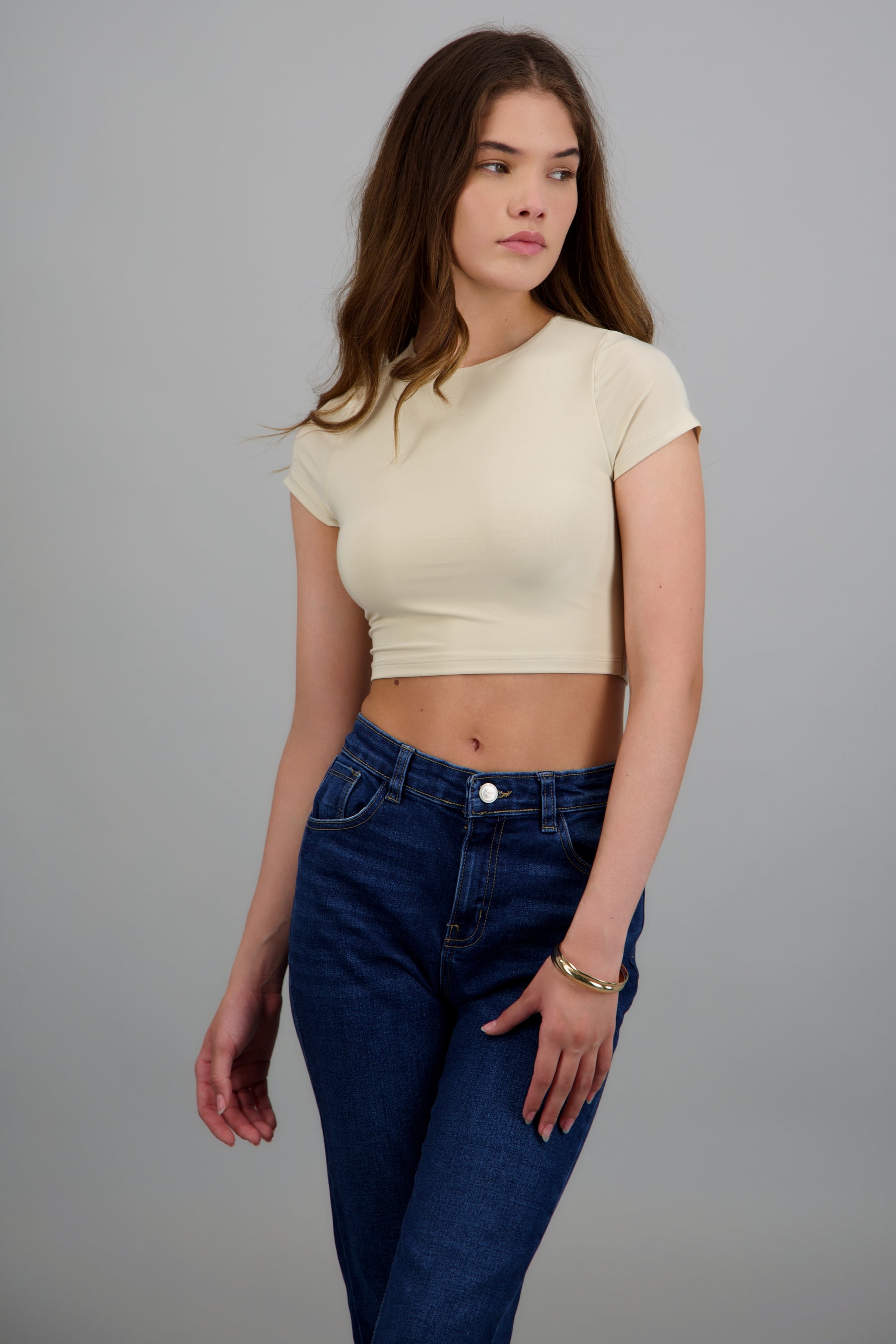Top crop doble tela manga corta BEIGE