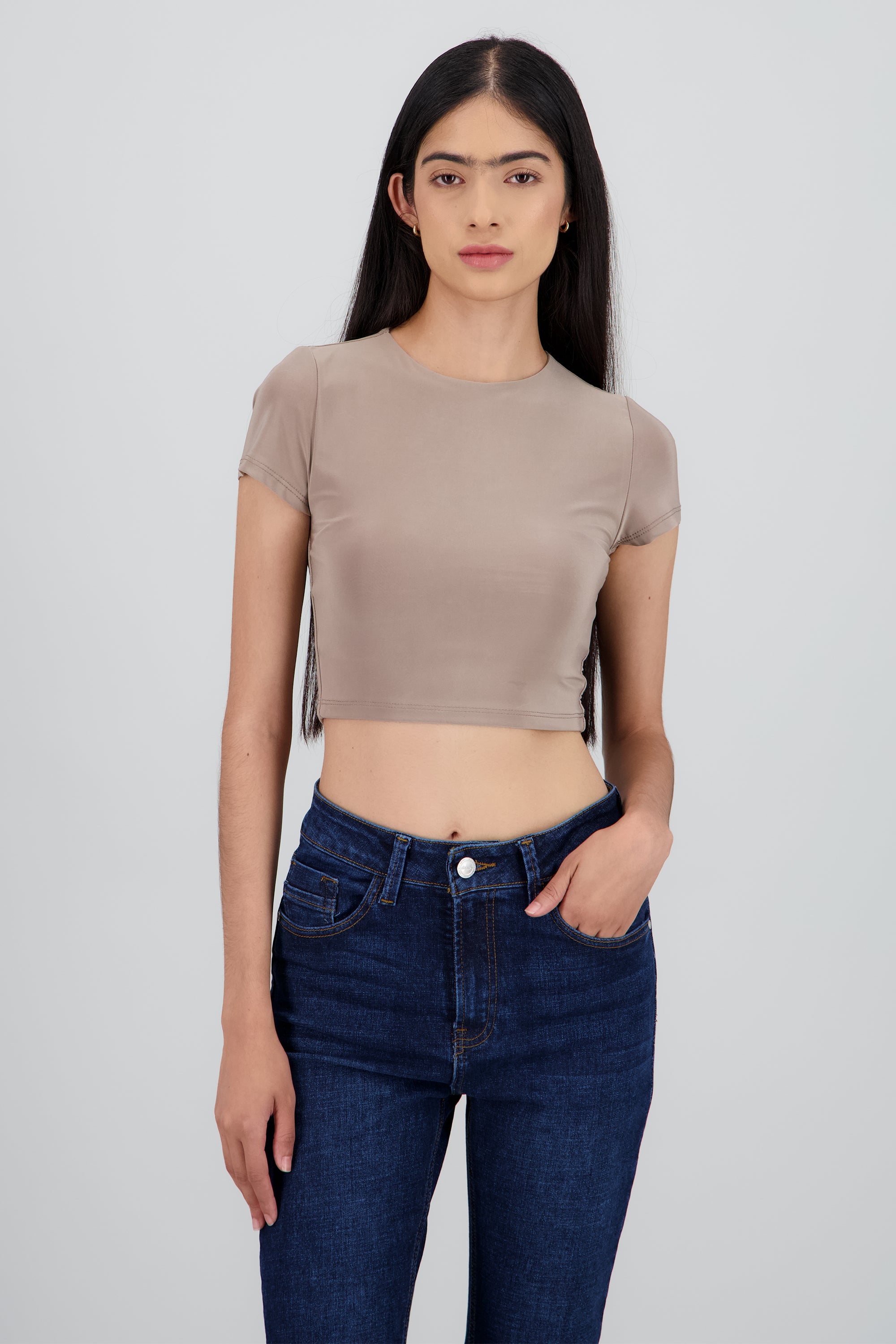 Top crop doble tela manga corta CAFE