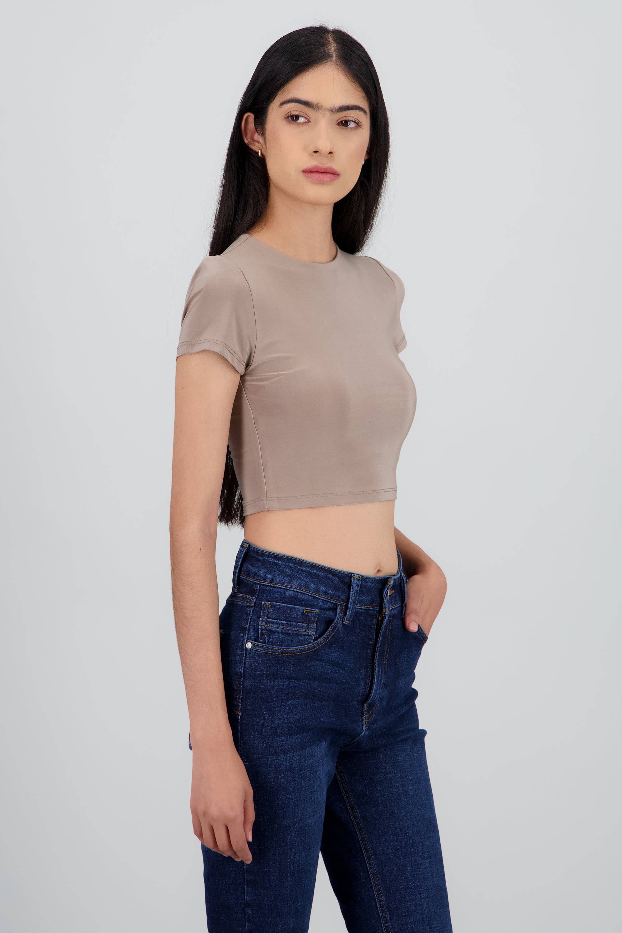 Top crop doble tela manga corta CAFE