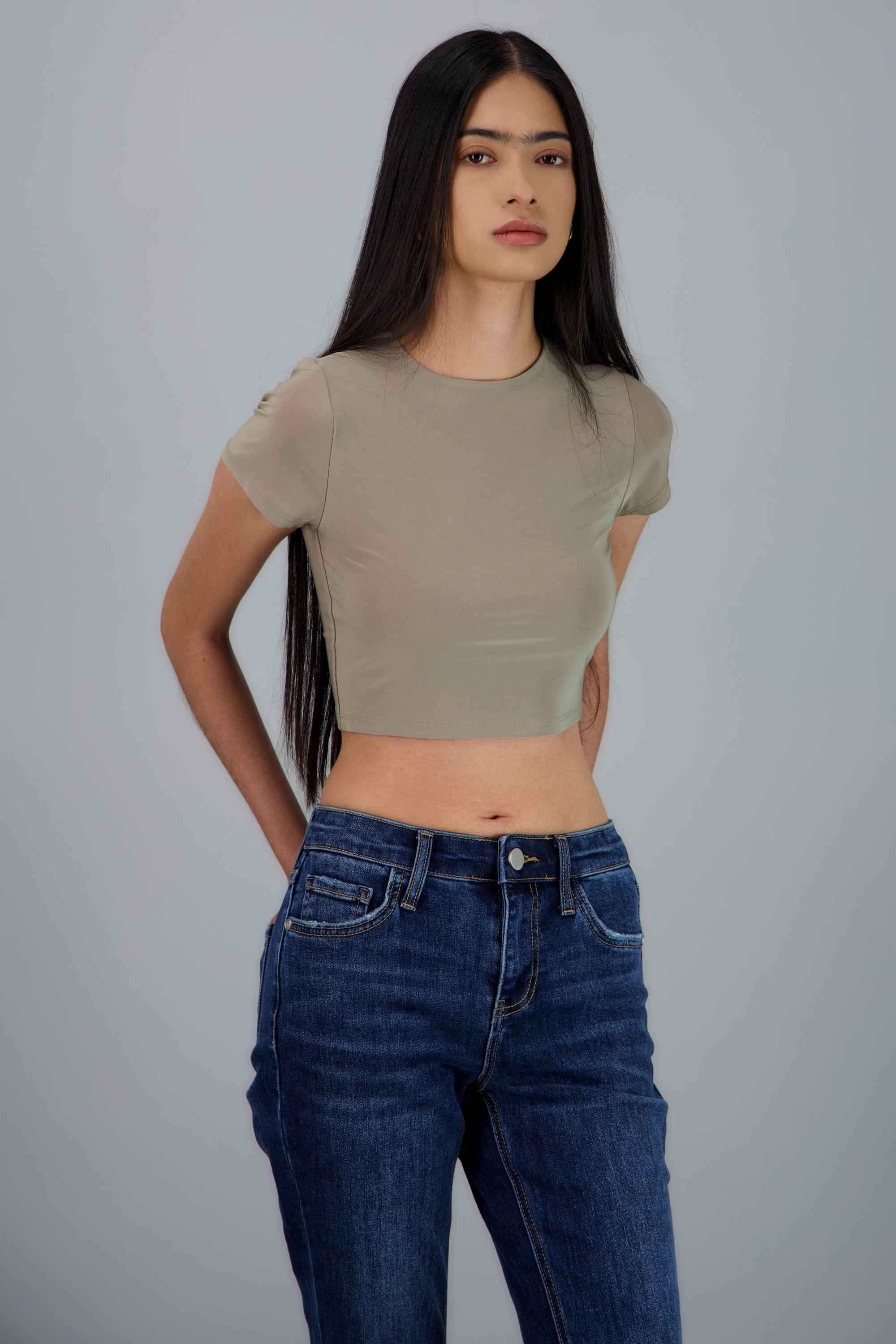 Top crop doble tela manga corta TAUPE