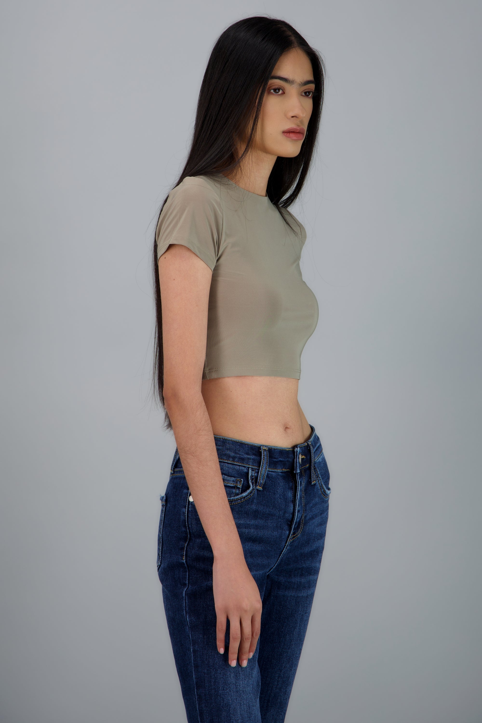 Top crop doble tela manga corta TAUPE