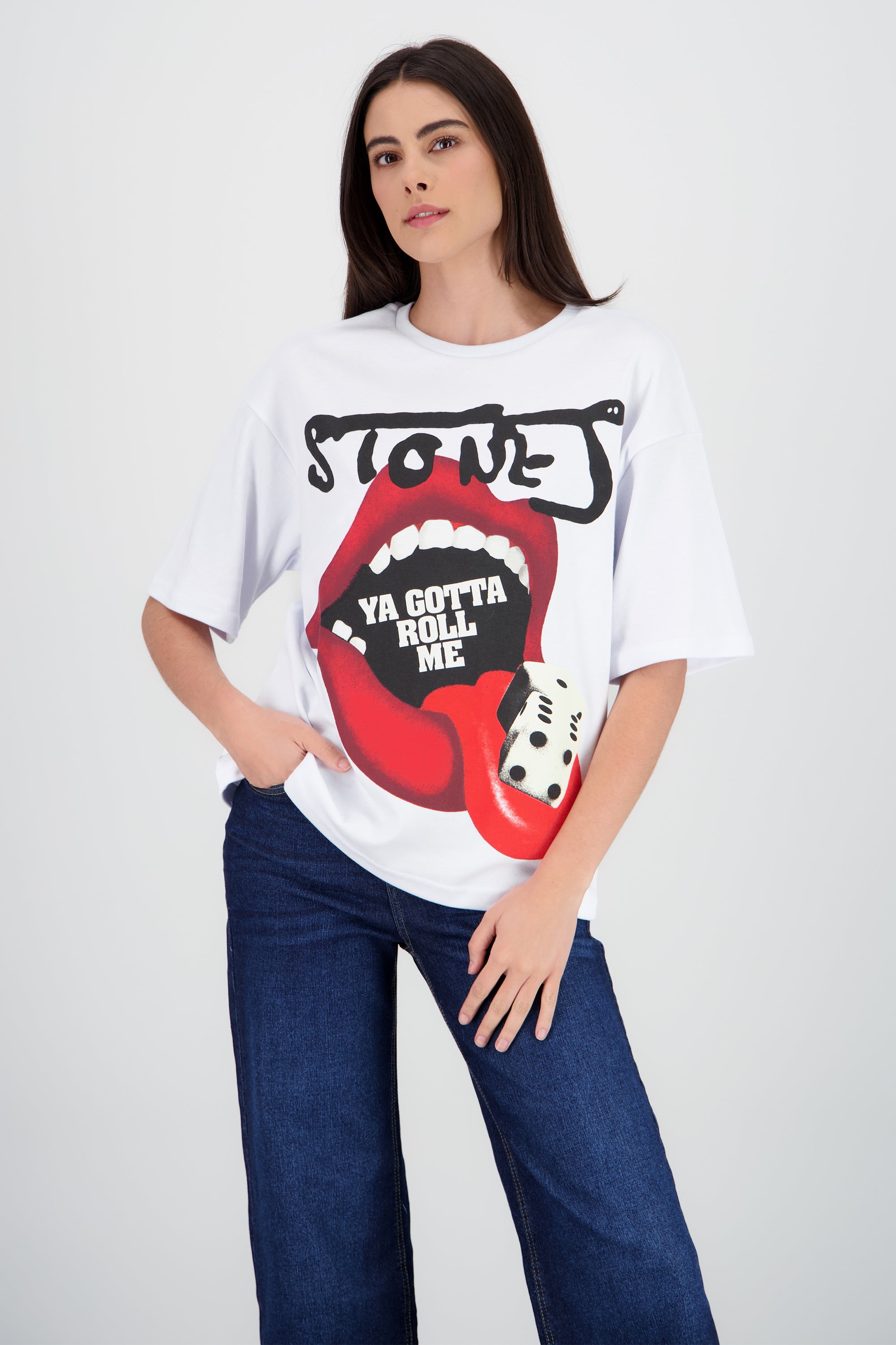 Playera rolling stones lengua roll me BLANCO