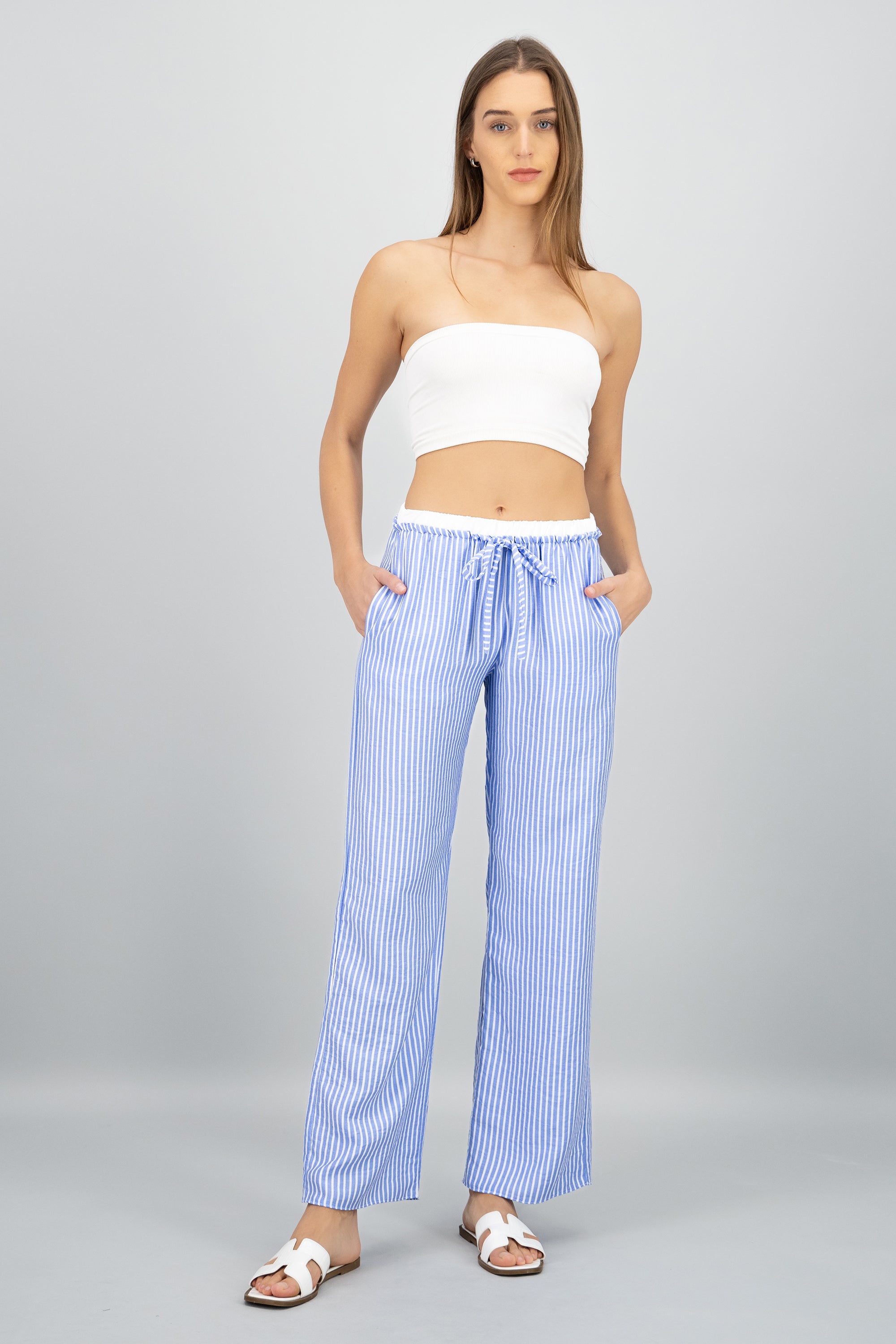 Pantalon fluido rayas detalle resorte AZUL COMBO