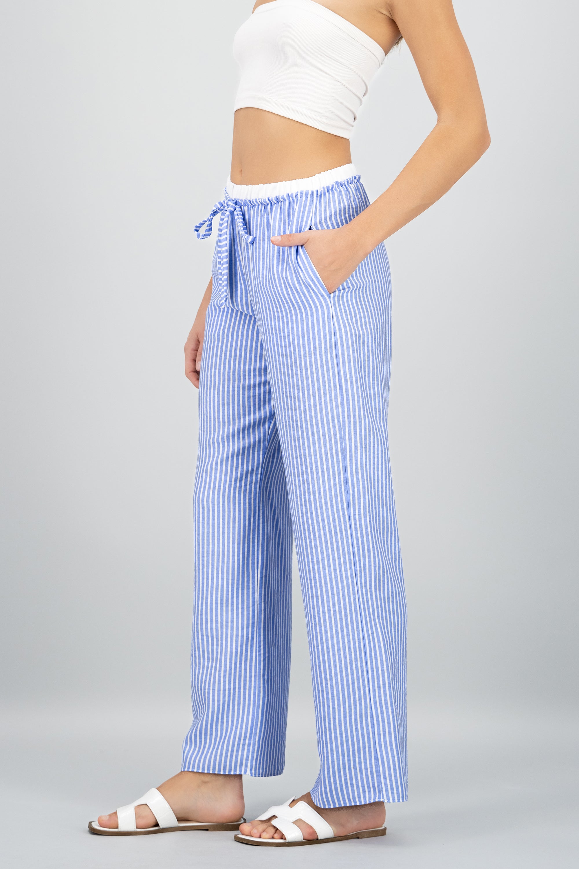 Pantalon fluido rayas detalle resorte AZUL COMBO