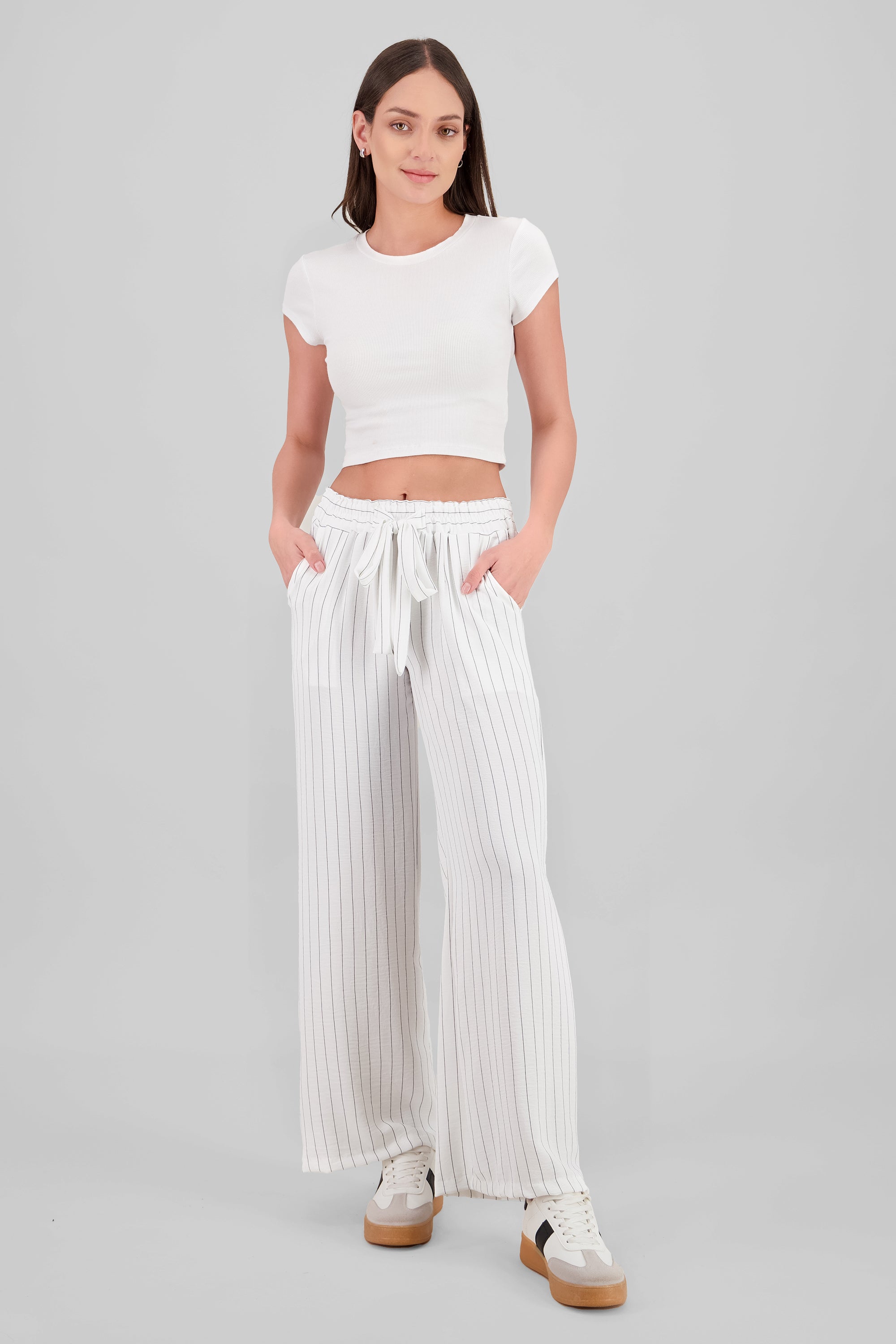 Pantalon rayas cintura resorte con detalle de moño BLANCO COMBO