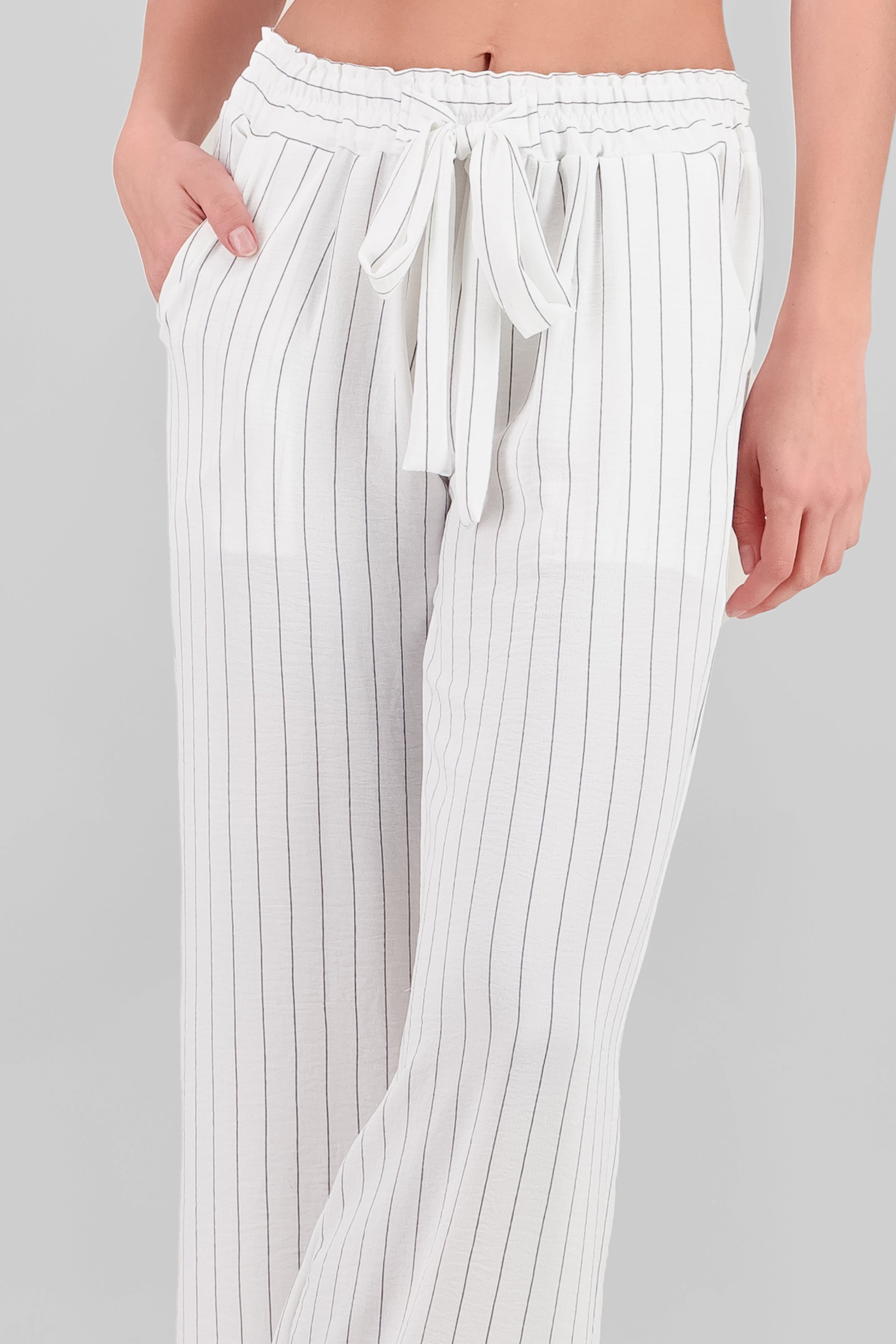 Pantalon rayas cintura resorte con detalle de moño BLANCO COMBO