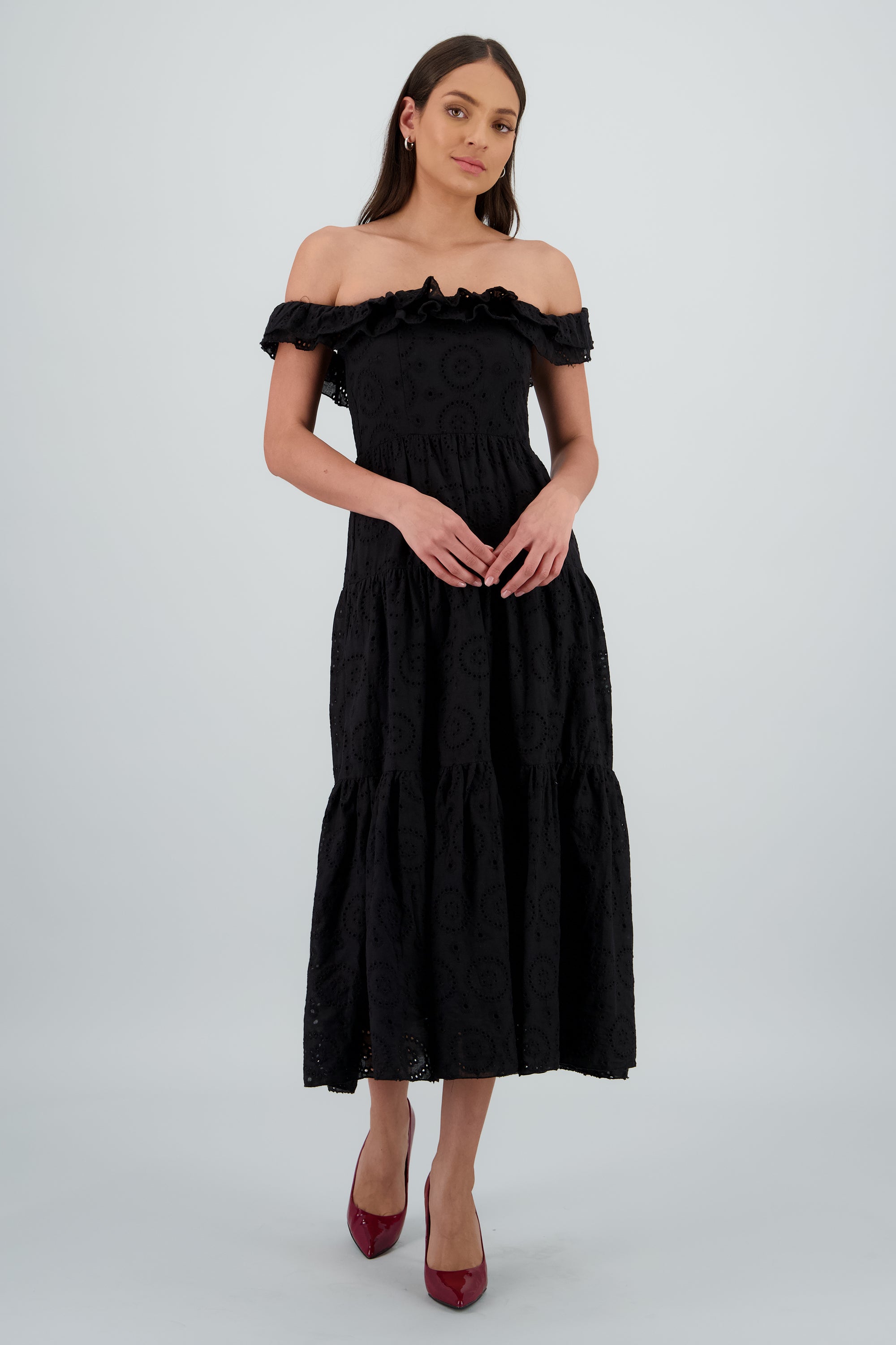 Vestido maxi strapless bordado NEGRO