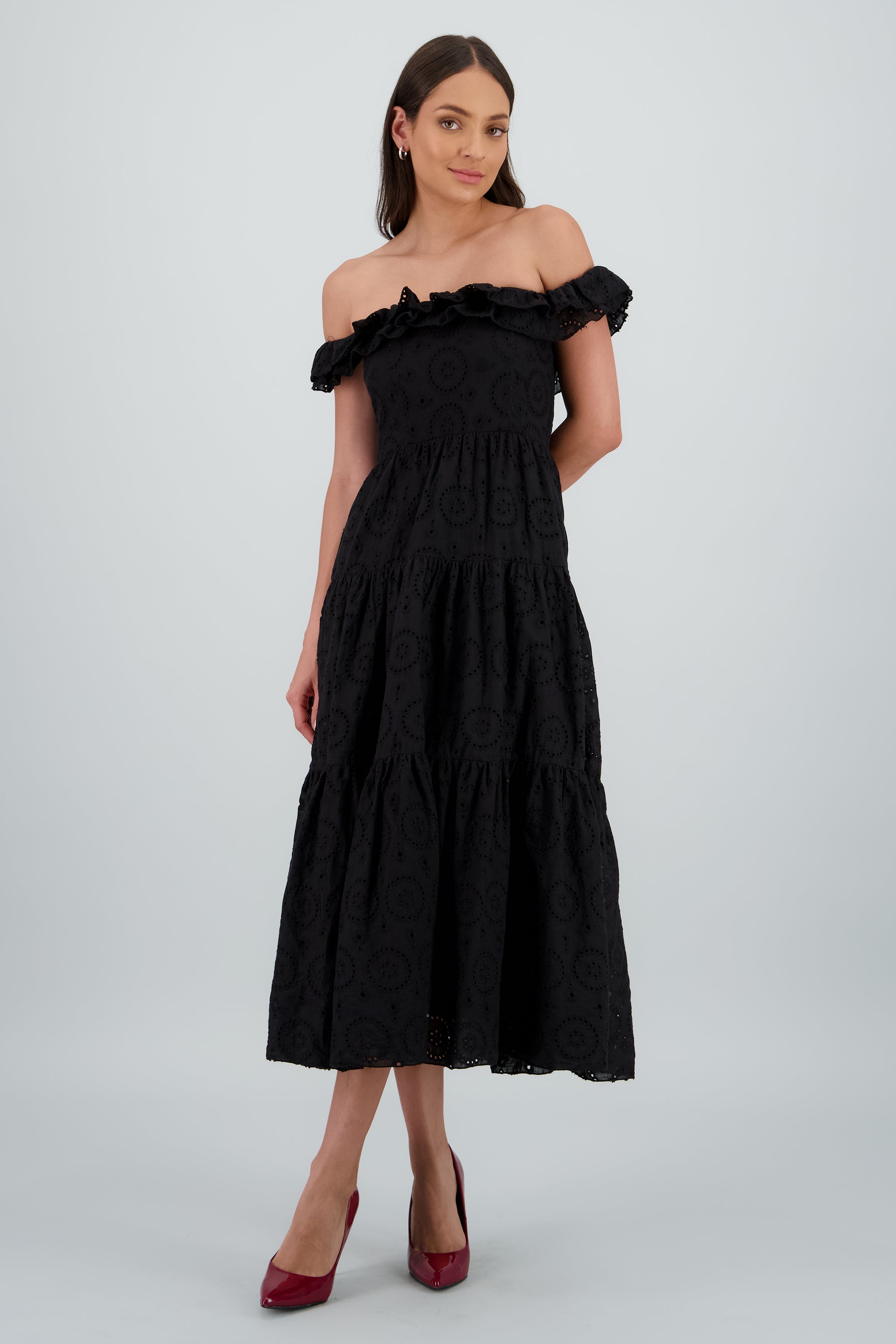 Vestido maxi strapless bordado NEGRO