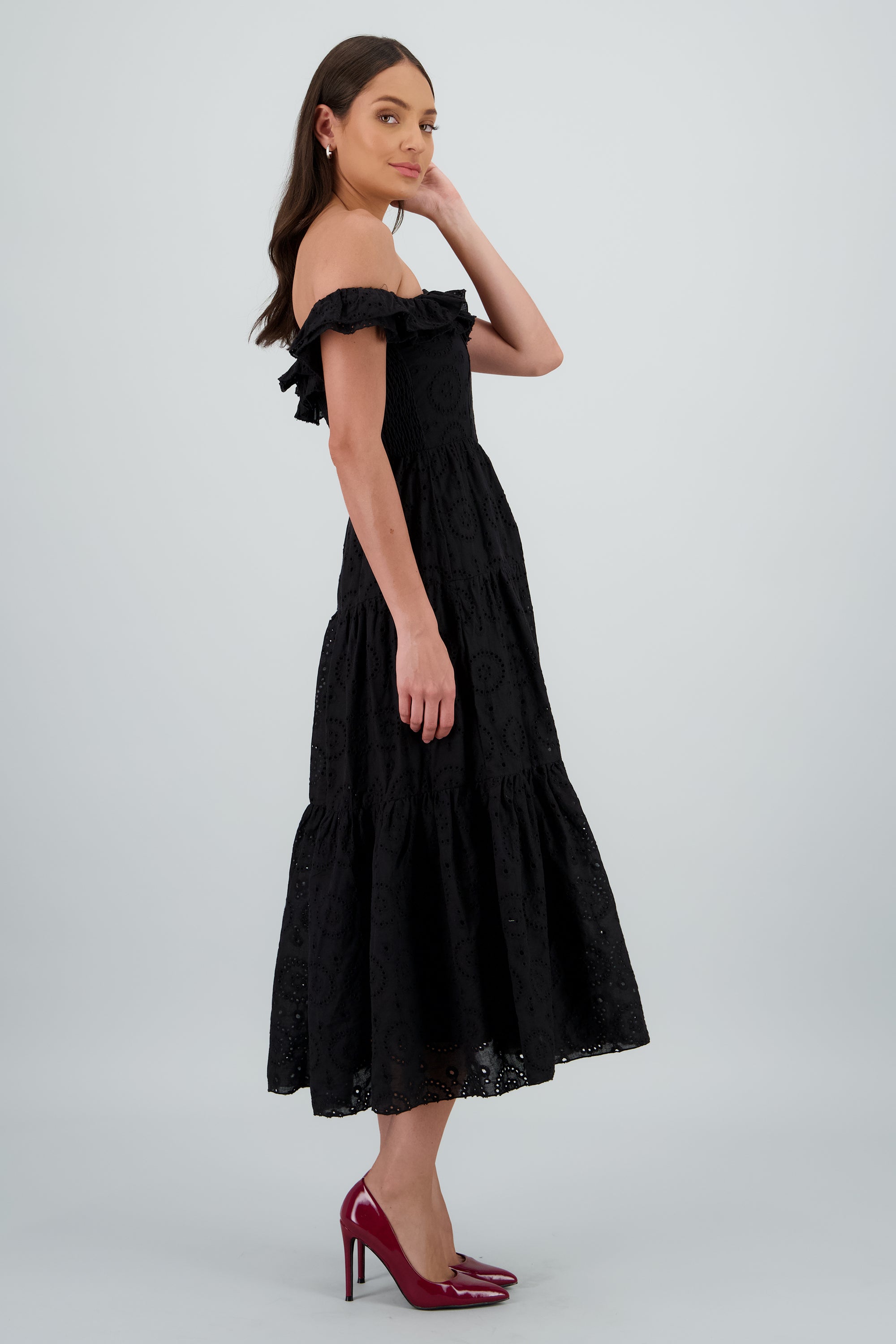 Vestido maxi strapless bordado NEGRO