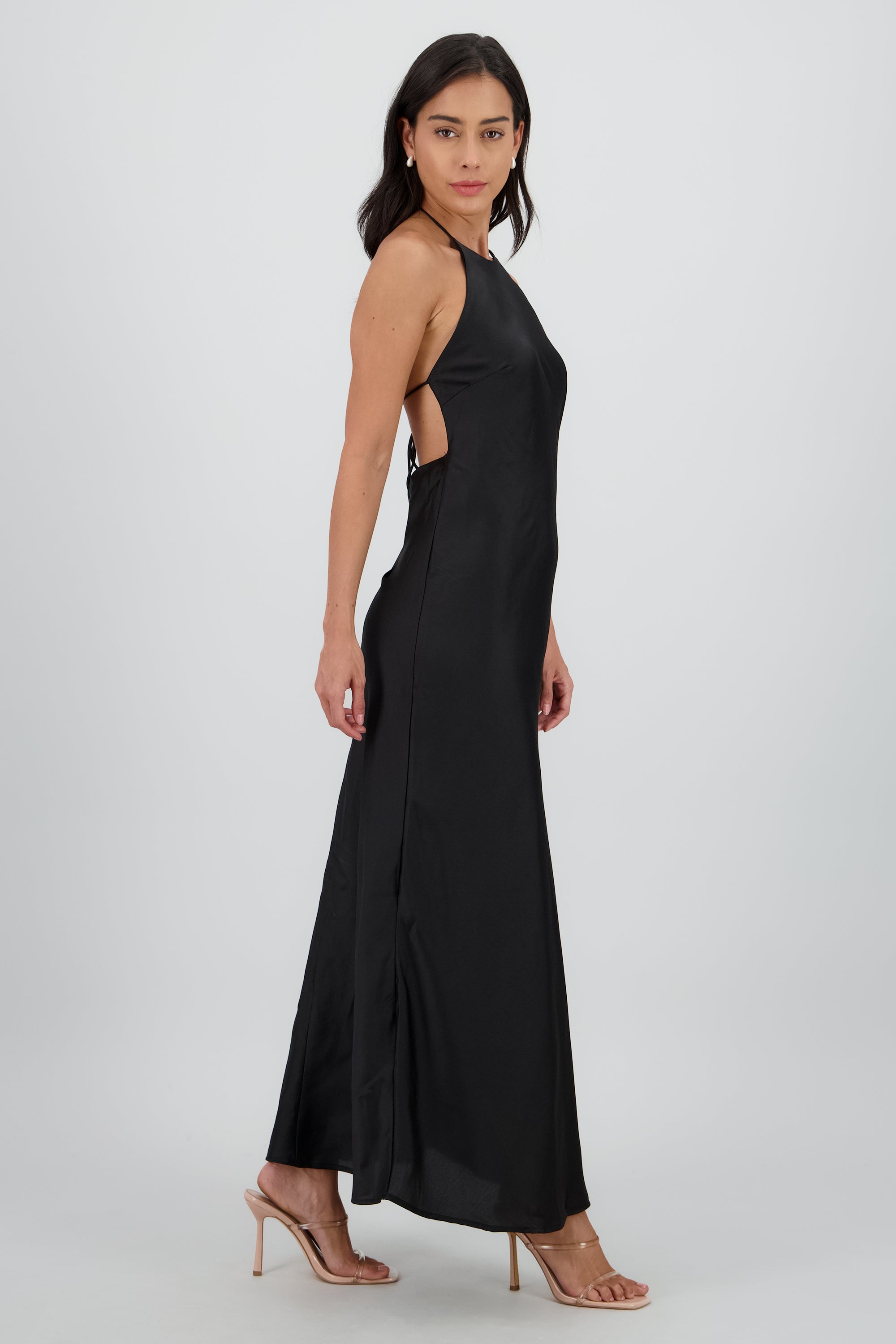 Vestido maxi halter satin NEGRO