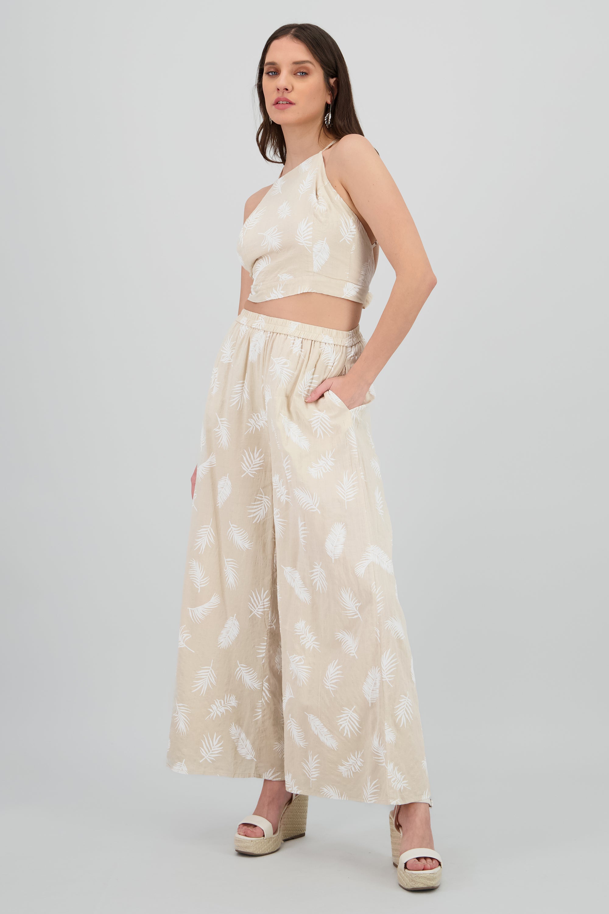 Pantalon amplio estampado tropical TAUPE