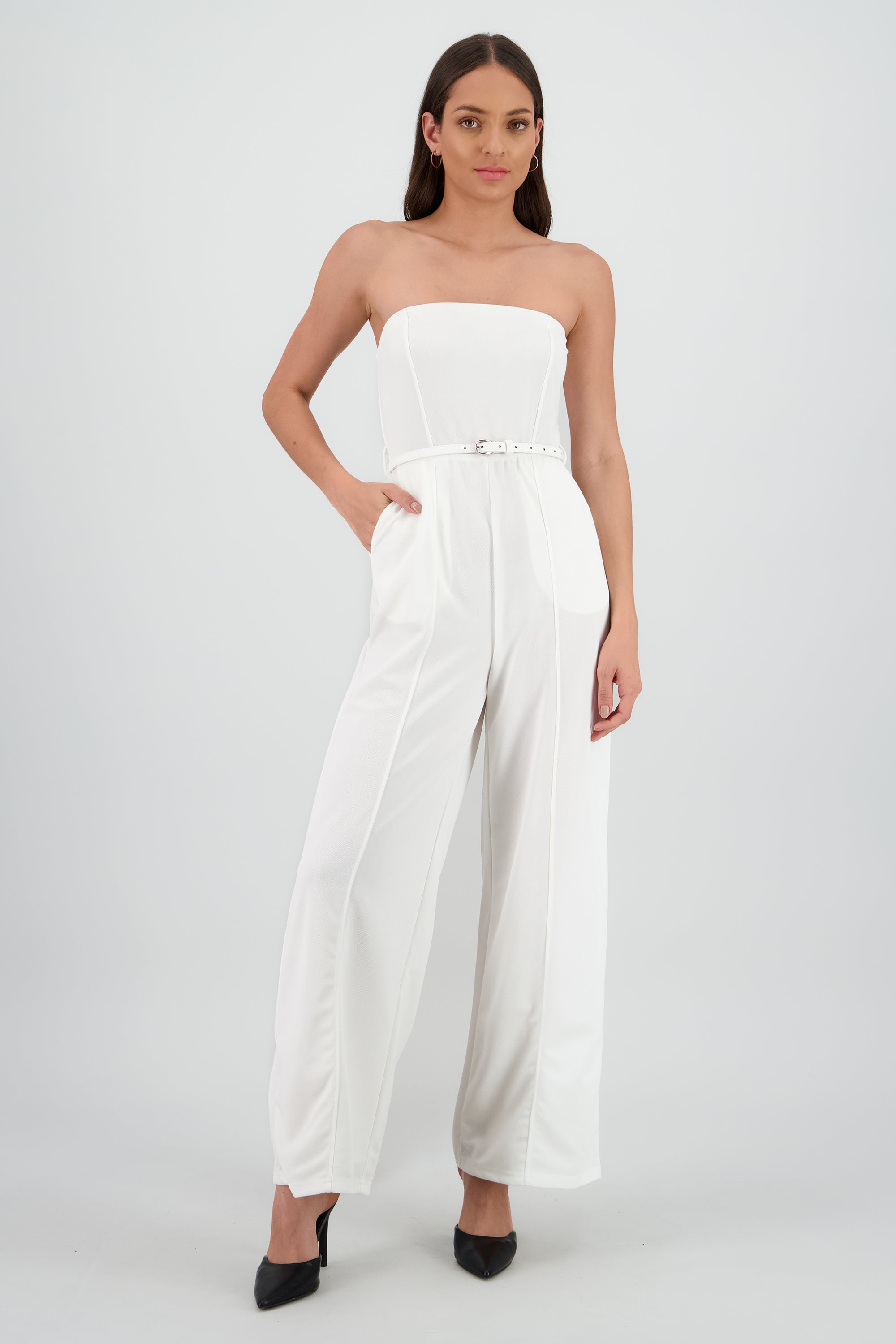 Jumpsuit liso con cinturon BLANCO