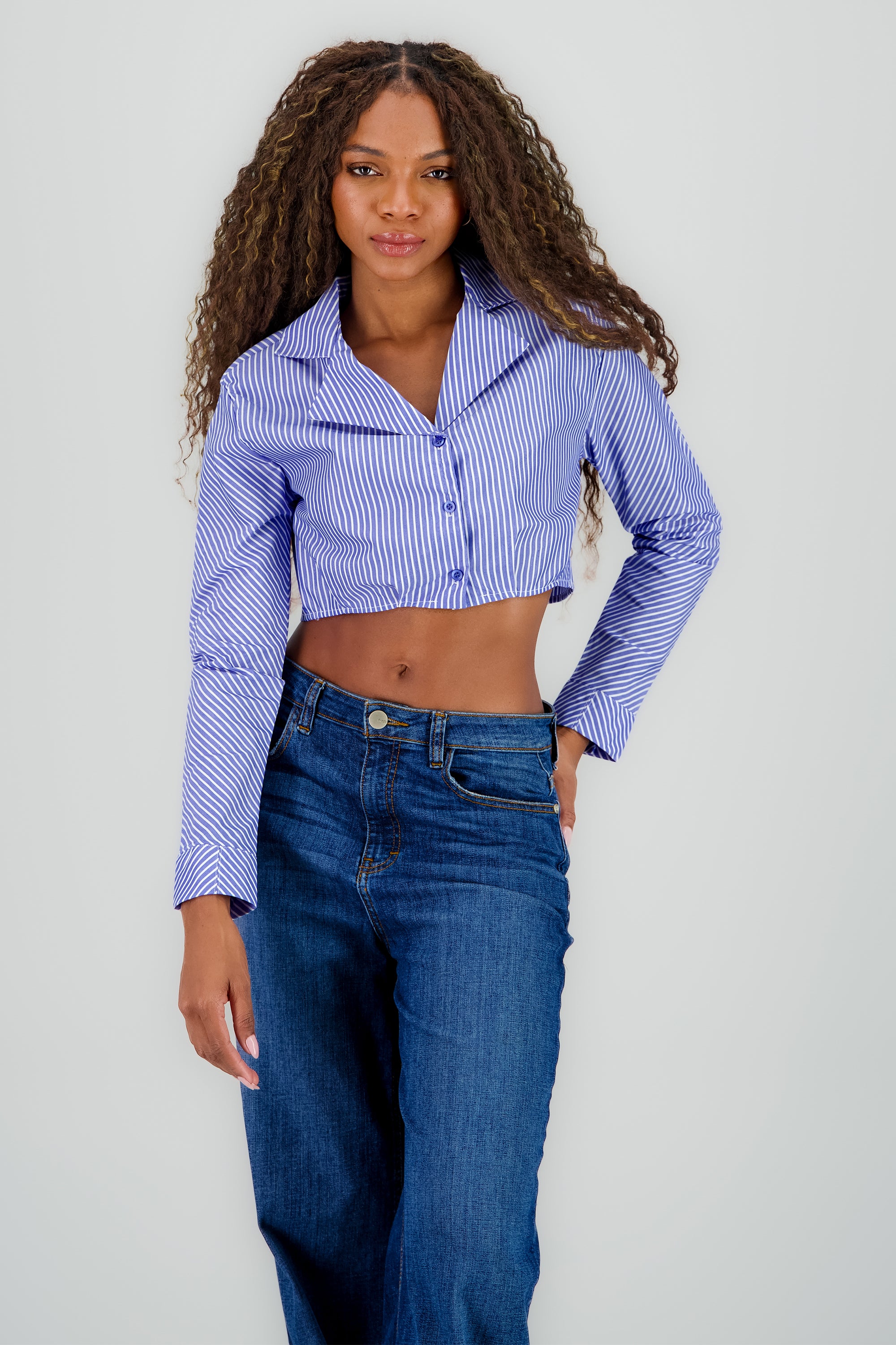 Camisa crop detalle cuello pinzas AZUL COMBO