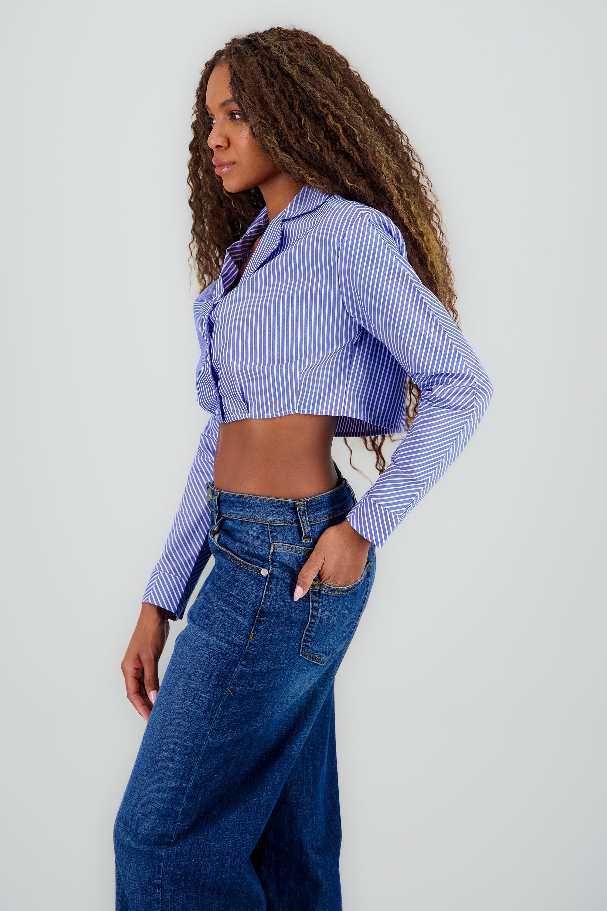 Camisa crop detalle cuello pinzas AZUL COMBO