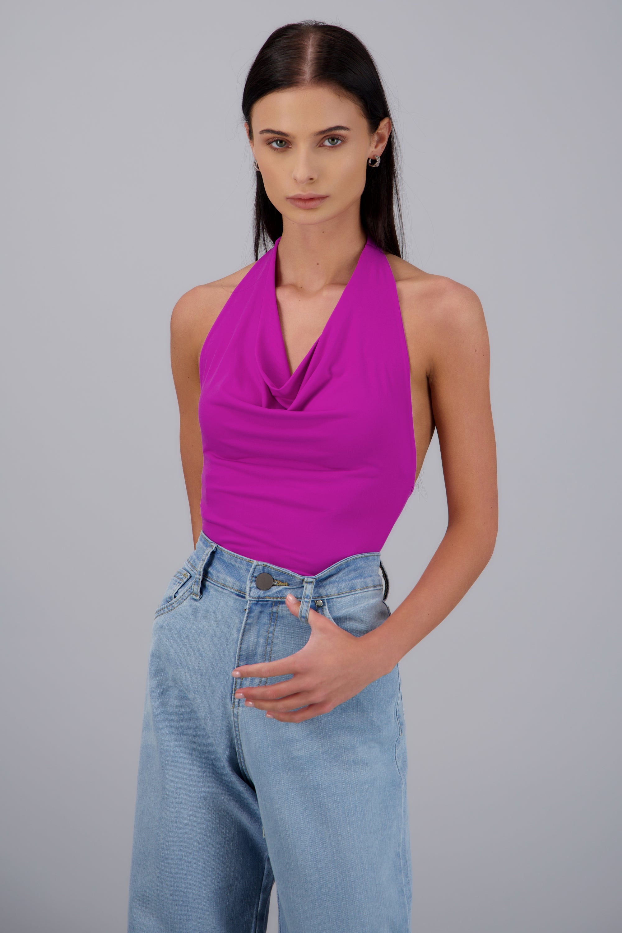 BODYSUIT HALTER ESCOTE CASCADA DRAPEADO BUGAMBILIA