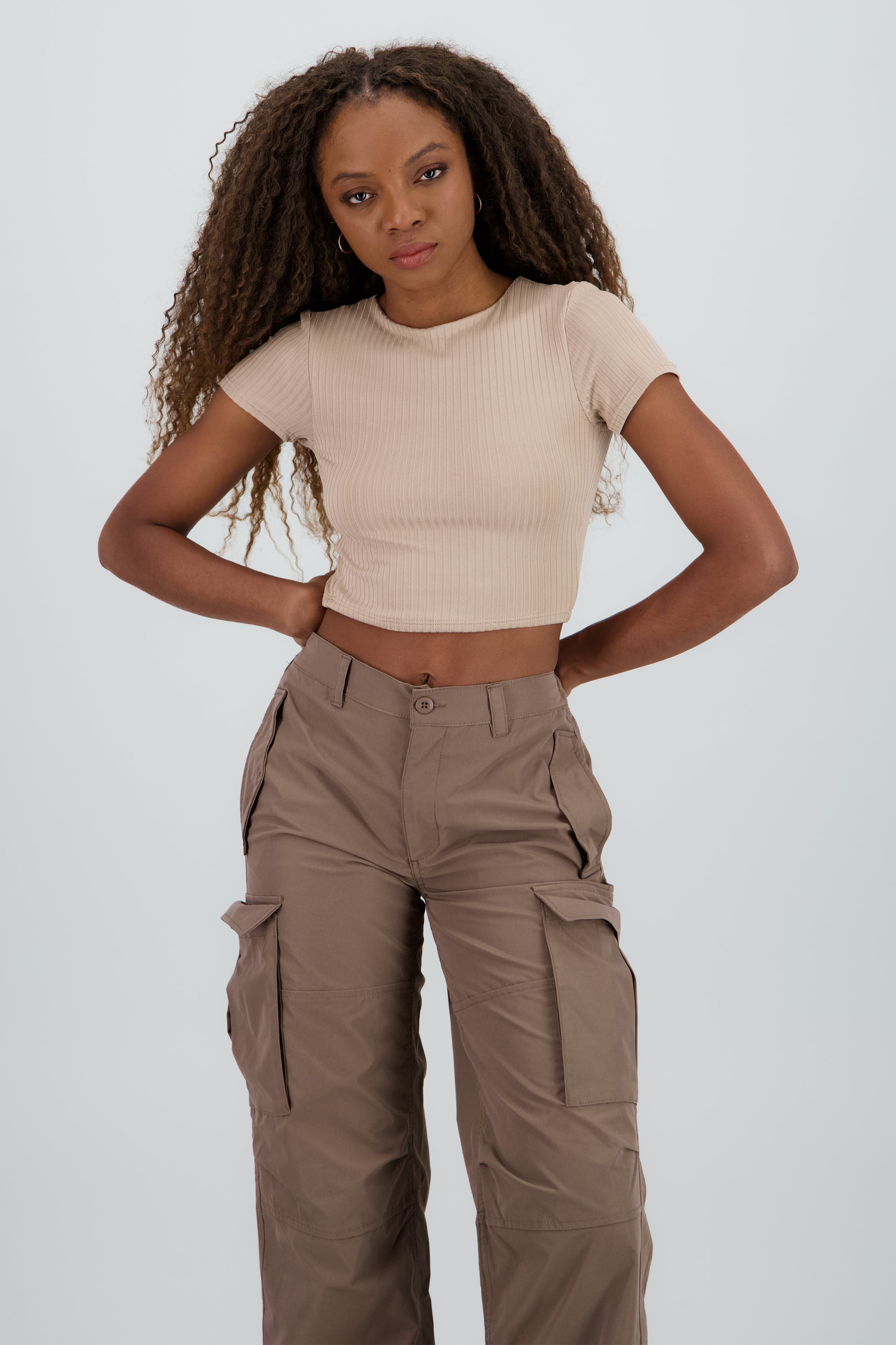 Tops manga corta rib escote redondo KHAKI