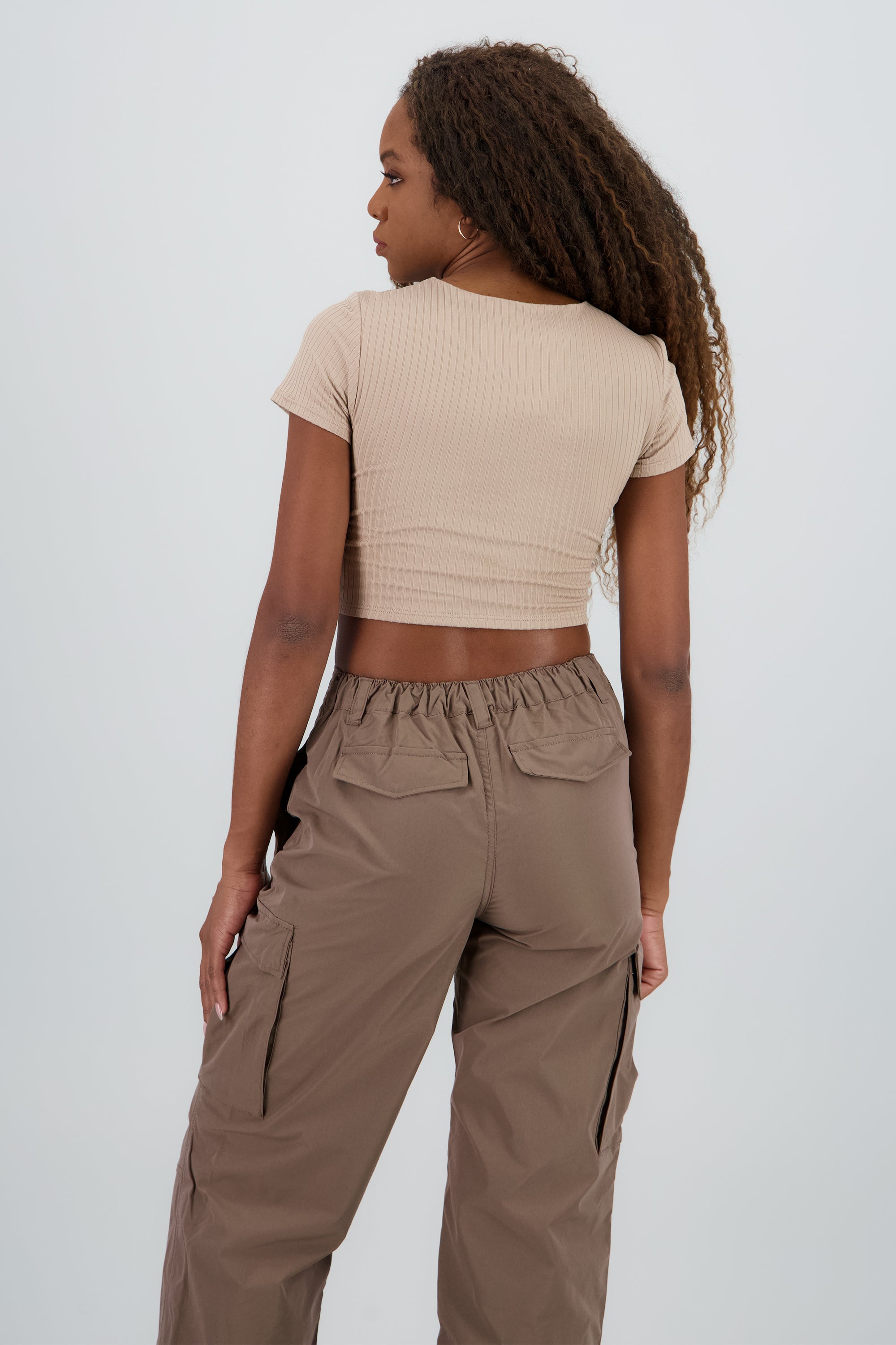 Tops manga corta rib escote redondo KHAKI