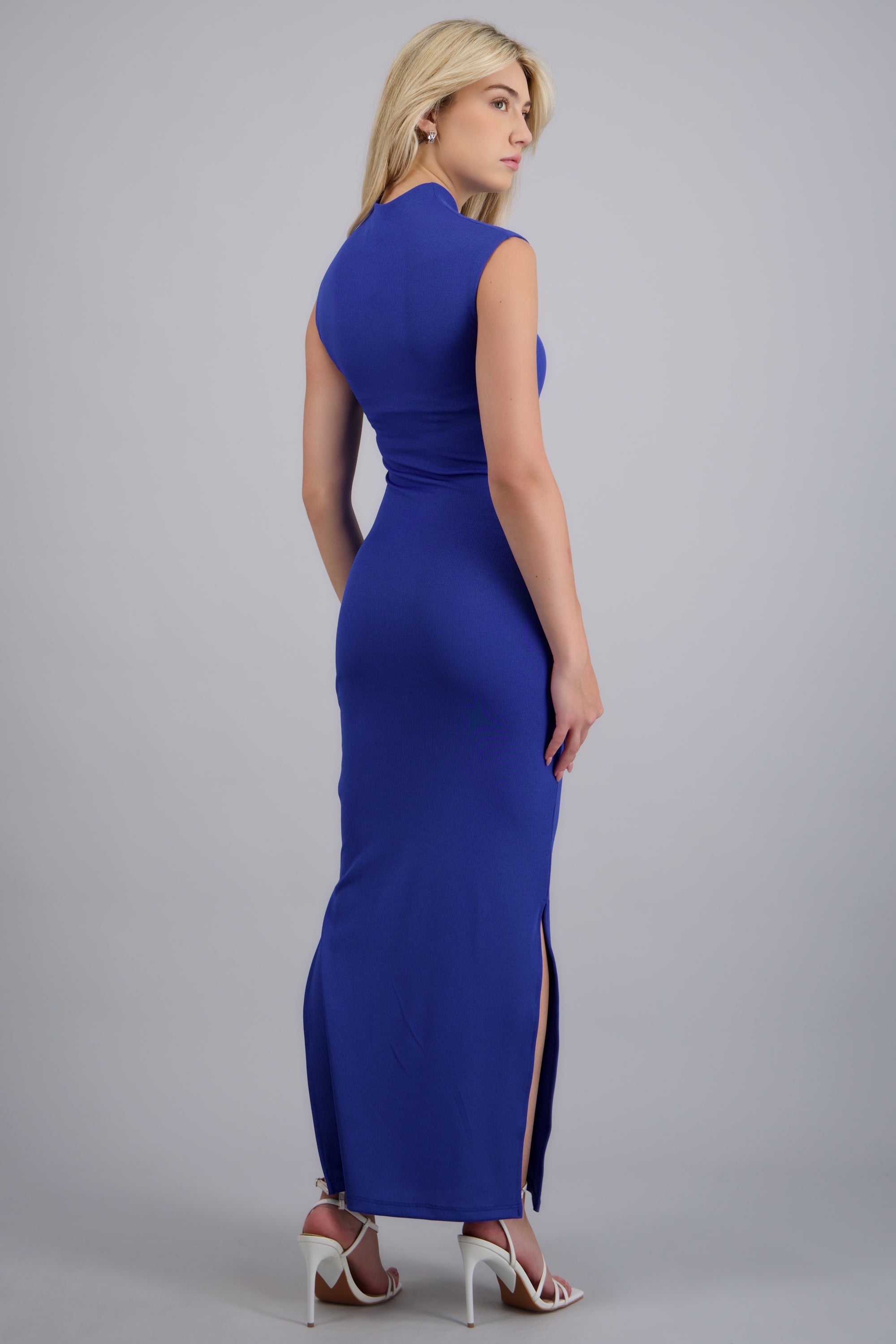 Vestido rib manga corta con abertura AZUL COMBO