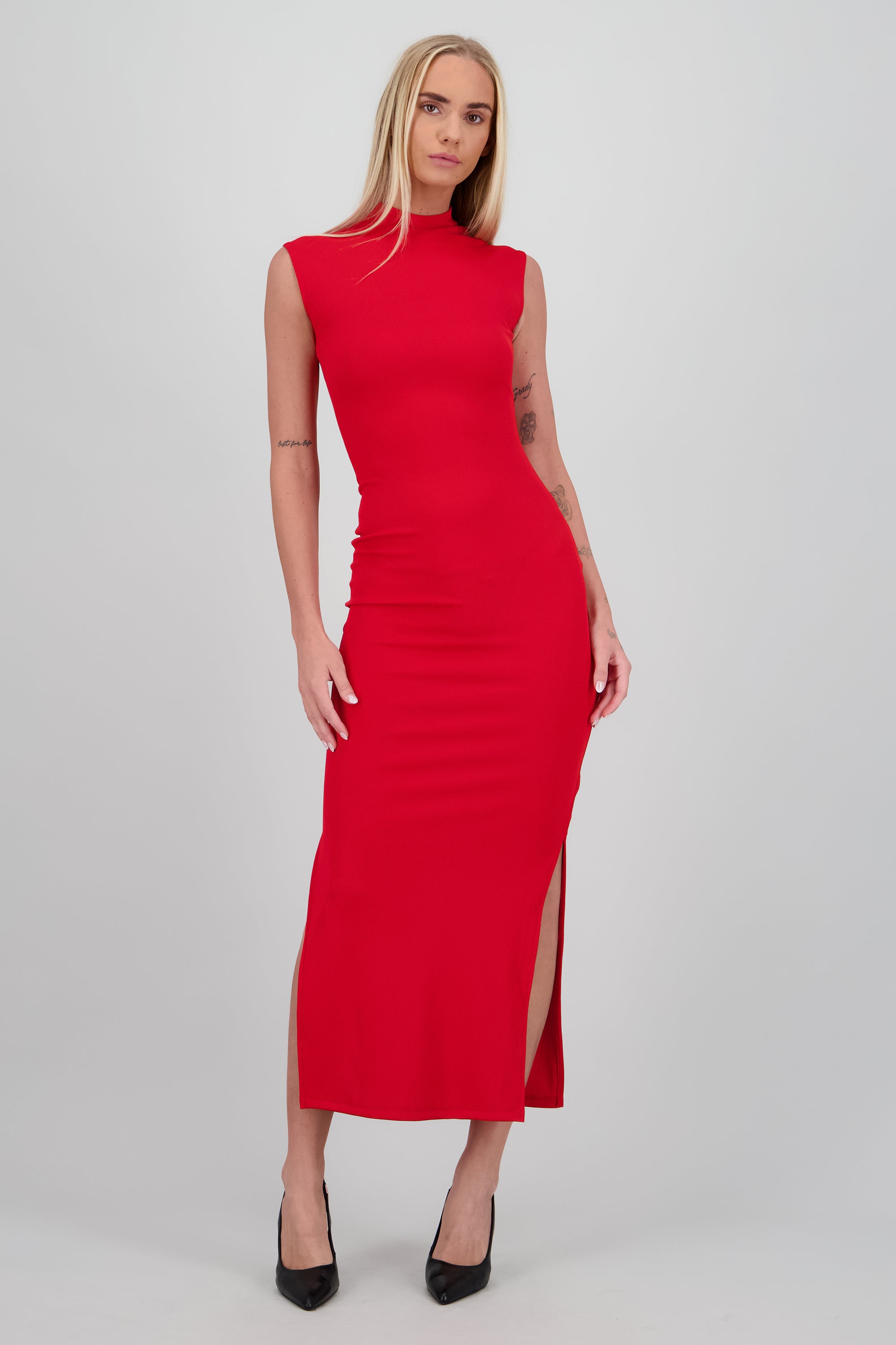 Vestido maxi rib manga corta con abertura Hypsters ROJO QUEMADO