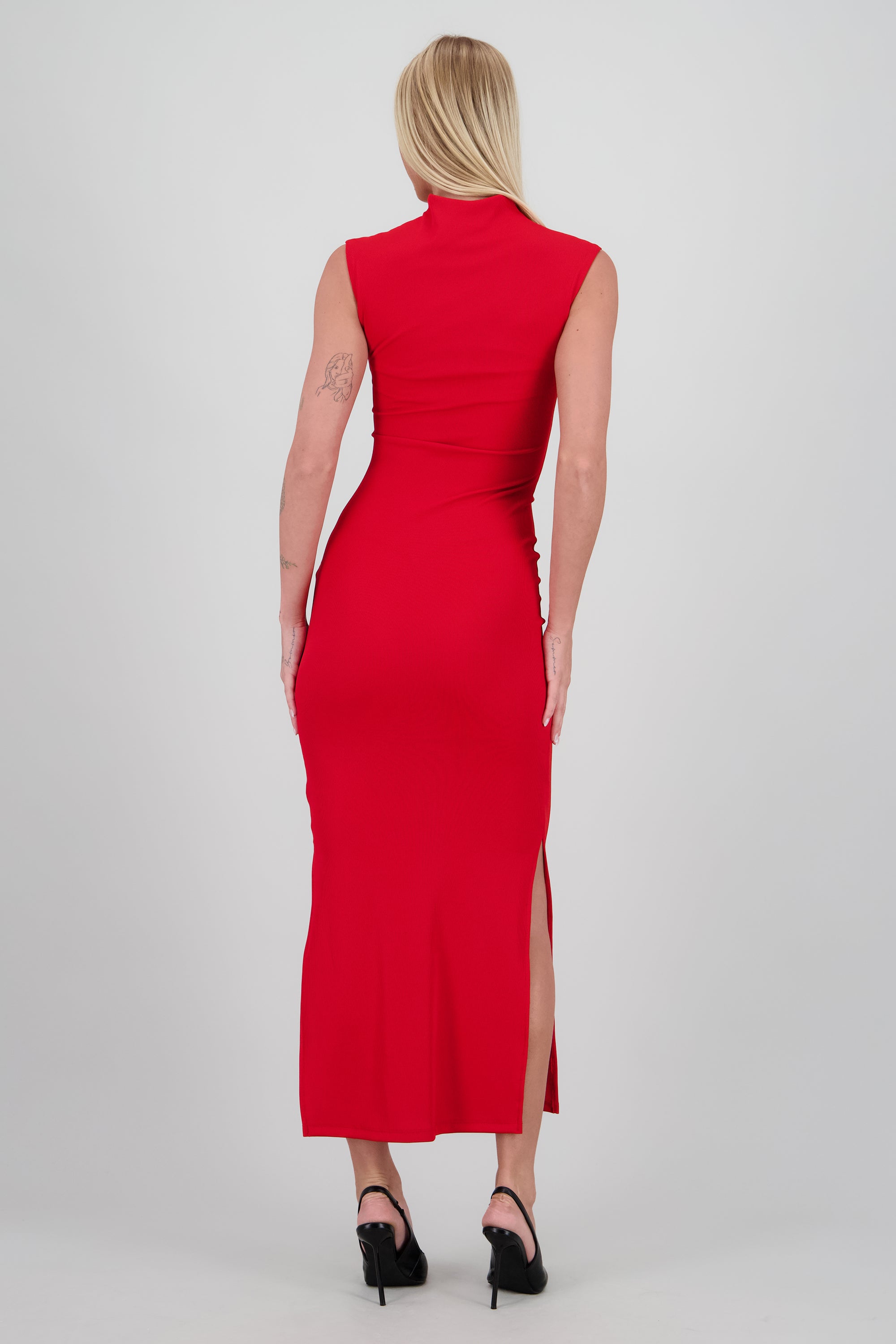 Vestido maxi rib manga corta con abertura Hypsters ROJO QUEMADO